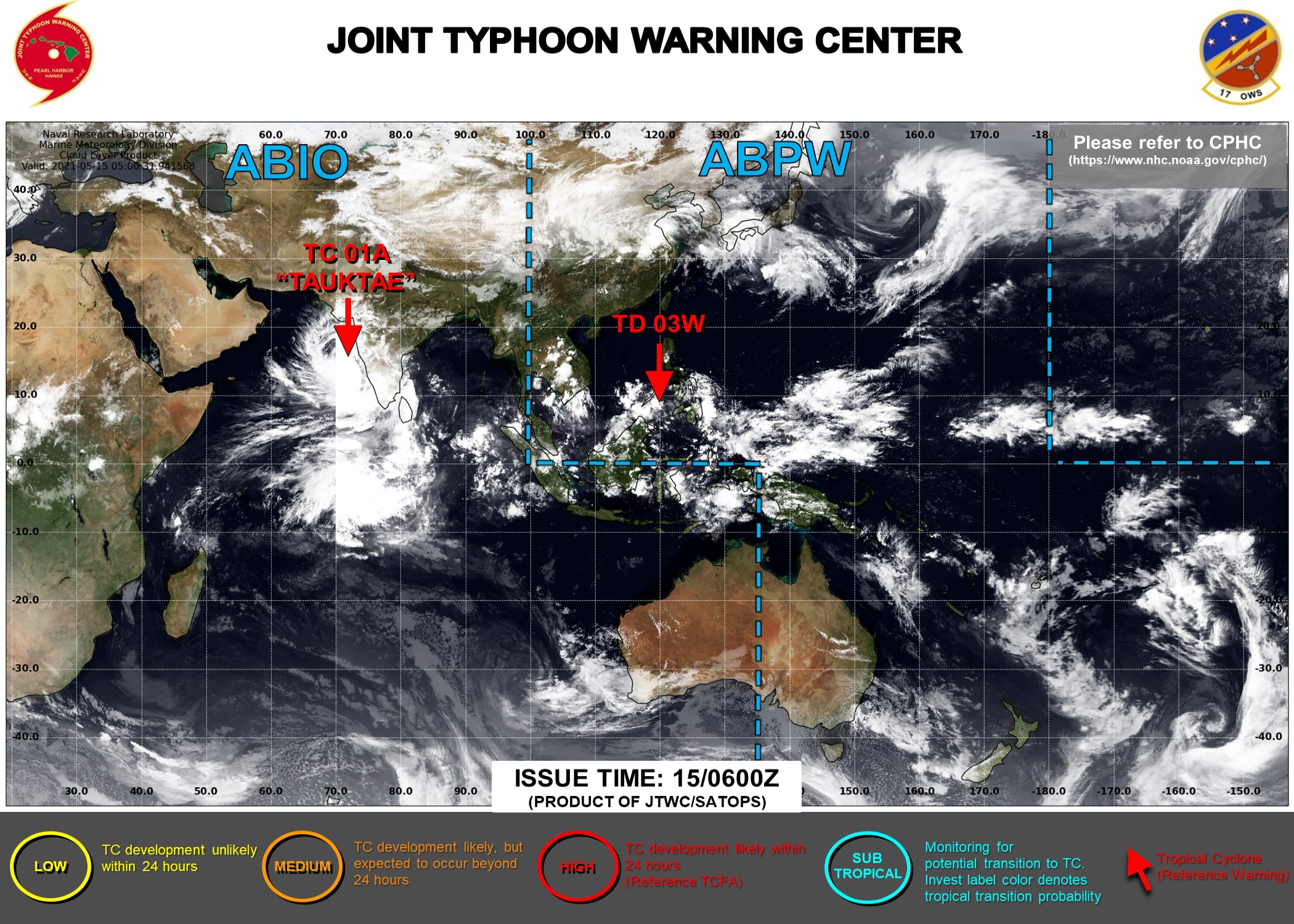 JTWC IS ISSUING 6HOURLY WARNINGS ON TC 01A(TAUKTAE). FINAL WARNING ON TD 03W WAS ISSUED AT 14/21UTC. 3HOURLY SATELLITE BULLETINS ARE ISSUED FOR BOTH SYSTEMS.