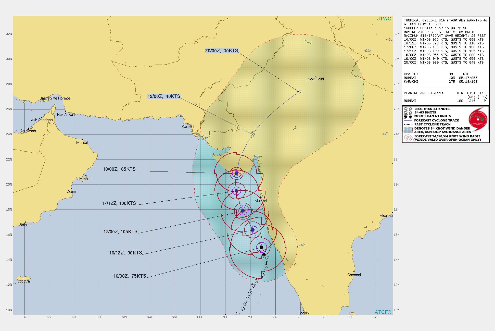 TC 01A. WARNING 8 ISSUED AT 16/03UTC. ANALYSIS INDICATES FAVORABLE ENVIRONMENTAL  CONDITIONS WITH ROBUST POLEWARD OUTFLOW, LOW VERTICAL WIND SHEAR ALOFT;  AND WARM (31C) SEA SURFACE TEMPERATURE. TC 01A WILL  CONTINUE ON ITS CURRENT TRACK THROUGH 36H ALONG THE WESTERN  PERIPHERY OF A DEEP-LAYERED SUBTROPICAL RIDGE TO THE EAST.  AFTERWARD, IT WILL TRACK MORE NORTHWARD AND ROUND THE RIDGE AXIS  BEFORE MAKING LANDFALL NEAR VANAKBARA, INDIA SHORTLY AROUND 48H.  THE POSSIBILITY OF RAPID INTENSIFICATION REMAINS DURING THE NEXT 24  HOURS, FUELED BY THE FAVORABLE ENVIRONMENTAL CONDITIONS, REACHING A  PEAK INTENSITY OF 105 KNOTS/ US CAT 3 BY 24H. AFTERWARD, THE SYSTEM WILL  BEGIN TO WEAKEN DUE TO LAND INTERACTION. AFTER LANDFALL, THE CYCLONE  WILL RAPIDLY ERODE AS IT TRACKS ACROSS THE RUGGED TERRAIN, LEADING  TO DISSIPATION BY 96H, POSSIBLY SOONER.