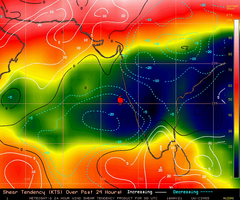 TC 01A.24H SHEAR TENDENCY.UW-CIMSS Experimental Vertical Shear and TC Intensity Trend Estimates: CIMSS Vertical Shear Magnitude : 4.8 m/s (9.3 kts)Direction : 137.7deg Outlook for TC Intensification Based on Current Env. Shear Values and MPI Differential: VERY FAVOURABLE OVER 24H .