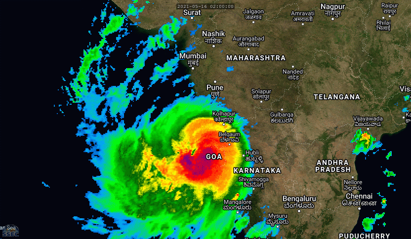 TC 01A(TAUKTAE). 16/14UTC. 12H LOOP. ANIMATED MULTISPECTRAL SATELLITE IMAGERY  (MSI) ALONG WITH ENHANCED INFRARED SATELLITE IMAGERY (EIR) SHOWS A  DEEP COMPACT SYSTEM WITH A RAGGED 31KM EYE.