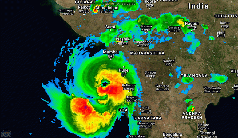 TC 01A(TAUKTAE). 17/02UTC. 12H LOOP.ANIMATED MULTISPECTRAL SATELLITE IMAGERY SHOWS THE SYSTEM CONTINUED TO BE SYMMETRICAL AND  COMPACT DESPITE HOURS OF PERSISTENT LAND INTERACTION WITH THE WESTERN INDIAN COAST. DEEP CONVECTIVE BANDS, MOSTLY FROM THE  SOUTHERN PERIPHERY, WRAPPED TIGHTER INTO THE CENTRAL CONVECTION THAT HAS DEEPENED FURTHER AS EVIDENCED BY COLDER OVERSHOOTING CLOUD TOPS. THE 22-KM EYE HAS BECOME MORE RAGGED BUT REMAINS WELL-DEFINED.CLICK TO ANIMATE.