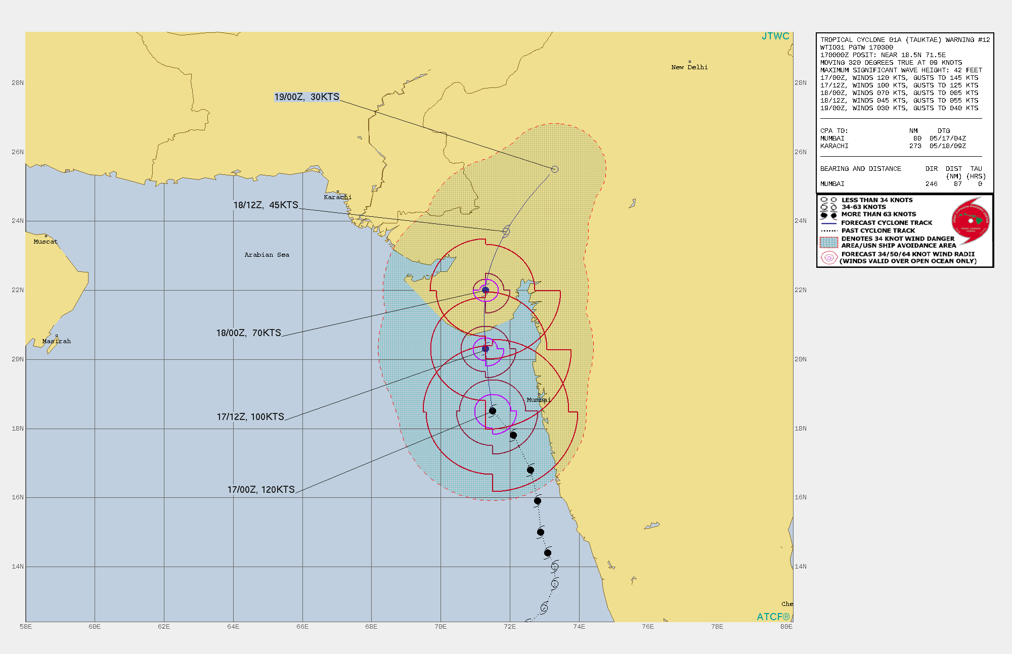 TC 01A. WARNING 12 ISSUED AT 17/03UTC.ANALYSIS INDICATES FAVORABLE ENVIRONMENTAL CONDITIONS WITH GOOD POLEWARD OUTFLOW, LOW  (10-15KTS) VERTICAL WIND SHEAR (VWS); AND WARM (30-31C) SEA SURFACE  TEMPERATURES (SST). TC 01A WILL CONTINUE ON ITS NORTHERLY CURRENT  TRACK ALONG THE WESTERN PERIPHERY OF A DEEP-LAYERED SUBTROPICAL  RIDGE TO THE EAST UNTIL IT MAKES LANDFALL NEAR JAFARABAD, INDIA BY  18H. THE SYSTEM IS EXPECTED TO DECREASE IN INTENSITY AS IT ENTERS  AN AREA OF GREATER VWS IN CONJUNCTION WITH TERRAIN INTERACTION AND  SLIGHTLY COOLER SST NEARSHORE AS IT TRACKS NORTH. AFTER LANDFALL,  THE CYCLONE WILL RAPIDLY ERODE AS IT TRACKS ACROSS THE RUGGED  TERRAIN, LEADING TO DISSIPATION BY 48H. TC 01A. WARNING 12 ISSUED AT 17/03UTC.ANALYSIS INDICATES FAVORABLE ENVIRONMENTAL CONDITIONS WITH GOOD POLEWARD OUTFLOW, LOW  (10-15KTS) VERTICAL WIND SHEAR (VWS); AND WARM (30-31C) SEA SURFACE  TEMPERATURES (SST). TC 01A WILL CONTINUE ON ITS NORTHERLY CURRENT  TRACK ALONG THE WESTERN PERIPHERY OF A DEEP-LAYERED SUBTROPICAL  RIDGE TO THE EAST UNTIL IT MAKES LANDFALL NEAR JAFARABAD, INDIA BY  18H. THE SYSTEM IS EXPECTED TO DECREASE IN INTENSITY AS IT ENTERS  AN AREA OF GREATER VWS IN CONJUNCTION WITH TERRAIN INTERACTION AND  SLIGHTLY COOLER SST NEARSHORE AS IT TRACKS NORTH. AFTER LANDFALL,  THE CYCLONE WILL RAPIDLY ERODE AS IT TRACKS ACROSS THE RUGGED  TERRAIN, LEADING TO DISSIPATION BY 48H.
