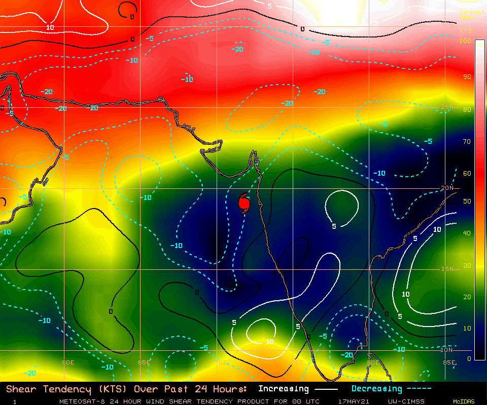 TC 01A. 17/00UTC.TC 01A.24H SHEAR TENDENCY.UW-CIMSS Experimental Vertical Shear and TC Intensity Trend Estimates: CIMSS Vertical Shear Magnitude : 6.3 m/s (12.2 kts)Direction : 209.8deg Outlook for TC Intensification Based on Current Env. Shear Values and MPI Differential: NEUTRAL OVER 24H . TC 01A. 17/00UTC.TC 01A.24H SHEAR TENDENCY.UW-CIMSS Experimental Vertical Shear and TC Intensity Trend Estimates: CIMSS Vertical Shear Magnitude : 6.3 m/s (12.2 kts)Direction : 209.8deg Outlook for TC Intensification Based on Current Env. Shear Values and MPI Differential: NEUTRAL OVER 24H .