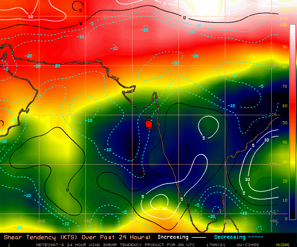TC 01A. 17/00UTC.TC 01A.24H SHEAR TENDENCY.UW-CIMSS Experimental Vertical Shear and TC Intensity Trend Estimates: CIMSS Vertical Shear Magnitude : 6.3 m/s (12.2 kts)Direction : 209.8deg Outlook for TC Intensification Based on Current Env. Shear Values and MPI Differential: NEUTRAL OVER 24H .