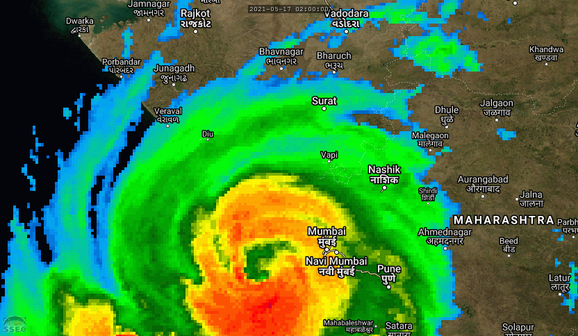 TC 01A(TAUKTAE). 17/14UTC. 12H LOOP. 01A REMAINS AN INTENSE SYSTEM WITH TOP GUSTS STILL CURRENTLY EXCEEDING 200KM/H CLOSE TO ITS EYE. THE SYSTEM SHOULD BE MAKING LANDFALL NEAR JAFRABAD/GUJARAT WITHIN THE NEXT 12HOURS. CLICK TO ANIMATE.