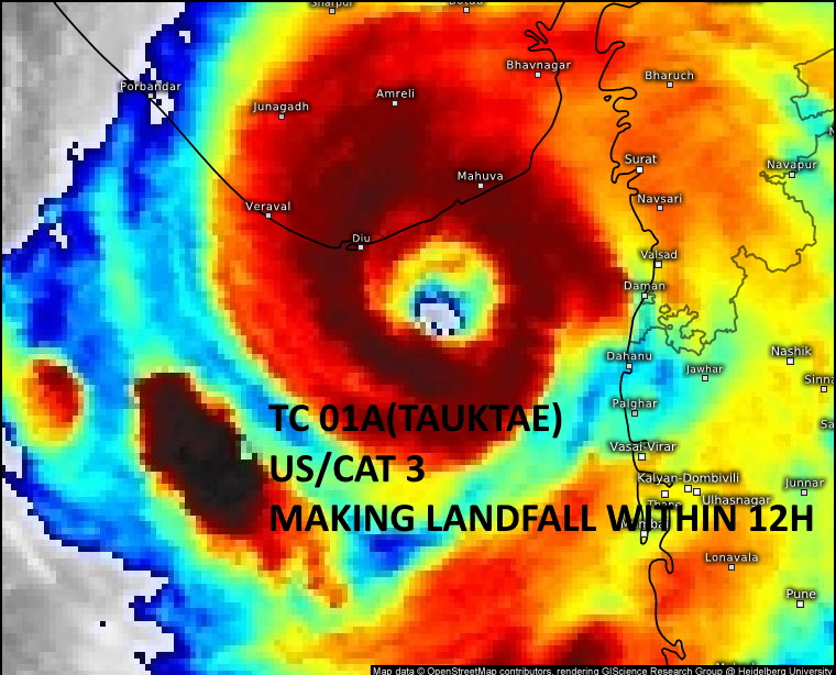 TC 01A(TAUKTAE). 17/14UTC. THE DISTINCT EYE FEATURE IS FORECAST TO MAKE LANDFALL NEAR JAFRABAD,GUJARAT/INDIA WITHIN THE NEXT 12HOURS. Meteosat-8/Eumetsat. TC 01A(TAUKTAE). 17/14UTC. THE DISTINCT EYE FEATURE IS FORECAST TO MAKE LANDFALL NEAR JAFRABAD,GUJARAT/INDIA WITHIN THE NEXT 12HOURS. Meteosat-8/Eumetsat.