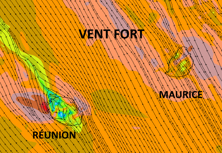 D'ici Jeudi le vent fort de Sud à Sud-Est recouvre la totalité de la zone des ILES SOEURS. Des rafales supérieures à 80km/h sont attendues sur les zones les plus exposées comme par exemple vers Port-Louis à MAURICE ou encore Sainte Rose/ Saint Benoît et même la Pointe des 3 Bassins à la RÉUNION. Arome/MFRANCE. MCIEL.