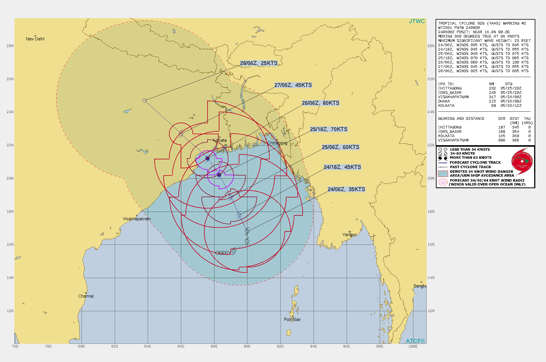 TC 02B(YAAS).WARNING 2 ISSUED AT 24/09UTC. TC 02B IS CURRENTLY IN A MARGINALLY FAVORABLE ENVIRONMENT WITH MODERATE  VERTICAL WIND SHEAR (15-25 KTS) OFFSET BY ROBUST EQUATORWARD OUTFLOW  ALOFT AND WARM (30-31C) SEA SURFACE TEMPERATURES. THE SYSTEM WILL  REMAIN IN A MARGINAL ENVIRONMENT FOR THE NEXT 24 HOURS AS IT TRACKS  NORTH-NORTHWESTWARD AROUND A SUBTROPICAL RIDGE TO THE NORTHEAST.  AFTER 24H, THE VERTICAL WIND SHEAR IS FORECAST TO DECREASE,  ALLOWING TC 02B TO REACH A PEAK INTENSITY OF 80 KNOTS/US CAT 1 AT 48H JUST  BEFORE MAKING LANDFALL SOUTHWEST OF KOLKATA. AFTER LANDFALL, THE  SYSTEM WILL RAPIDLY WEAKEN WITH DISSIPATION BY 96H.