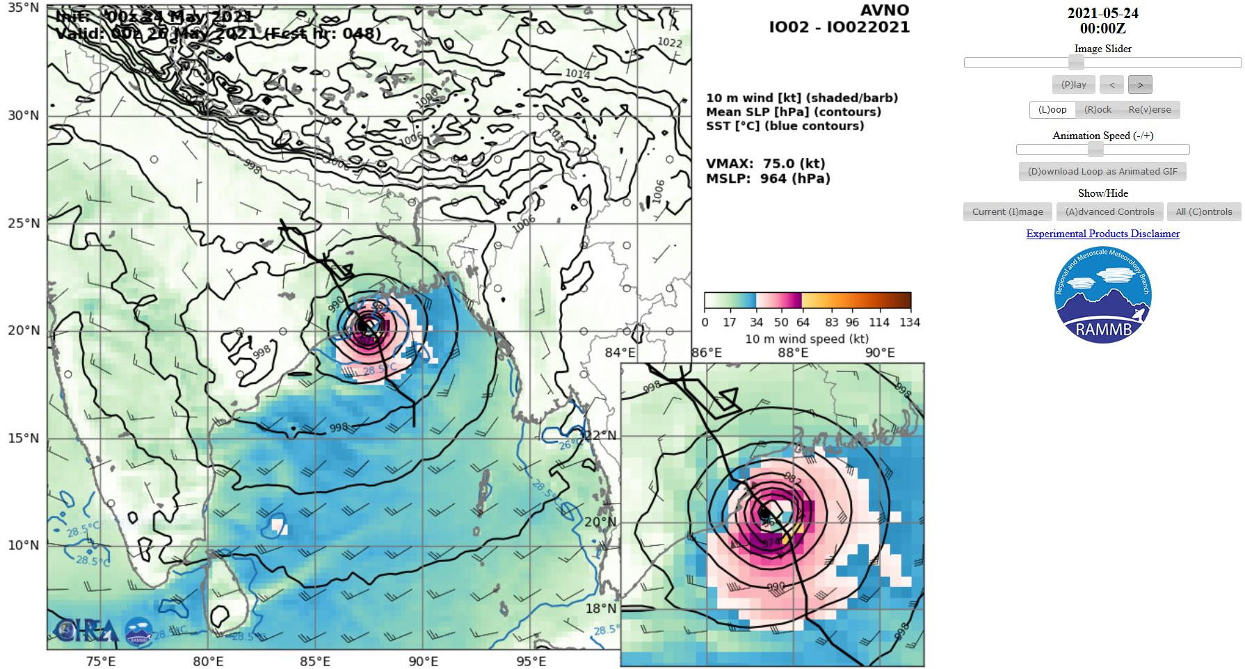 TC 02B. 24/00UTC. AVN INTENSITY GUIDANCE WITH A PEAK INTENSITY OF 75KNOTS AT +48H. USUALLY THE ACTUAL PEAK INTENSITY IS ABOVE THE AVN GUIDANCE. TC 02B. 24/00UTC. AVN INTENSITY GUIDANCE WITH A PEAK INTENSITY OF 75KNOTS AT +48H. USUALLY THE ACTUAL PEAK INTENSITY IS ABOVE THE AVN GUIDANCE.