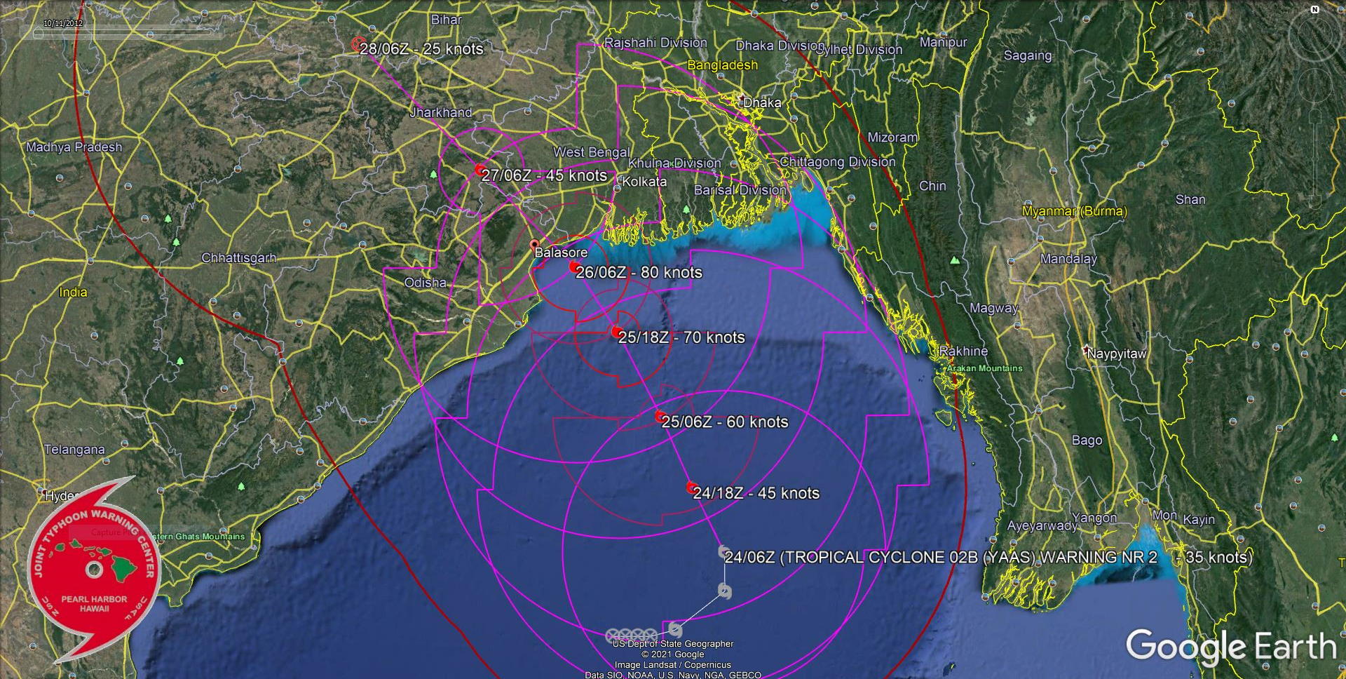 TC 02A(YAAS). WARNING 2. FORECAST LANDFALL AREA BETWEEN BALESWAR AND KOLKATA SHORTLY AFTER 48H.