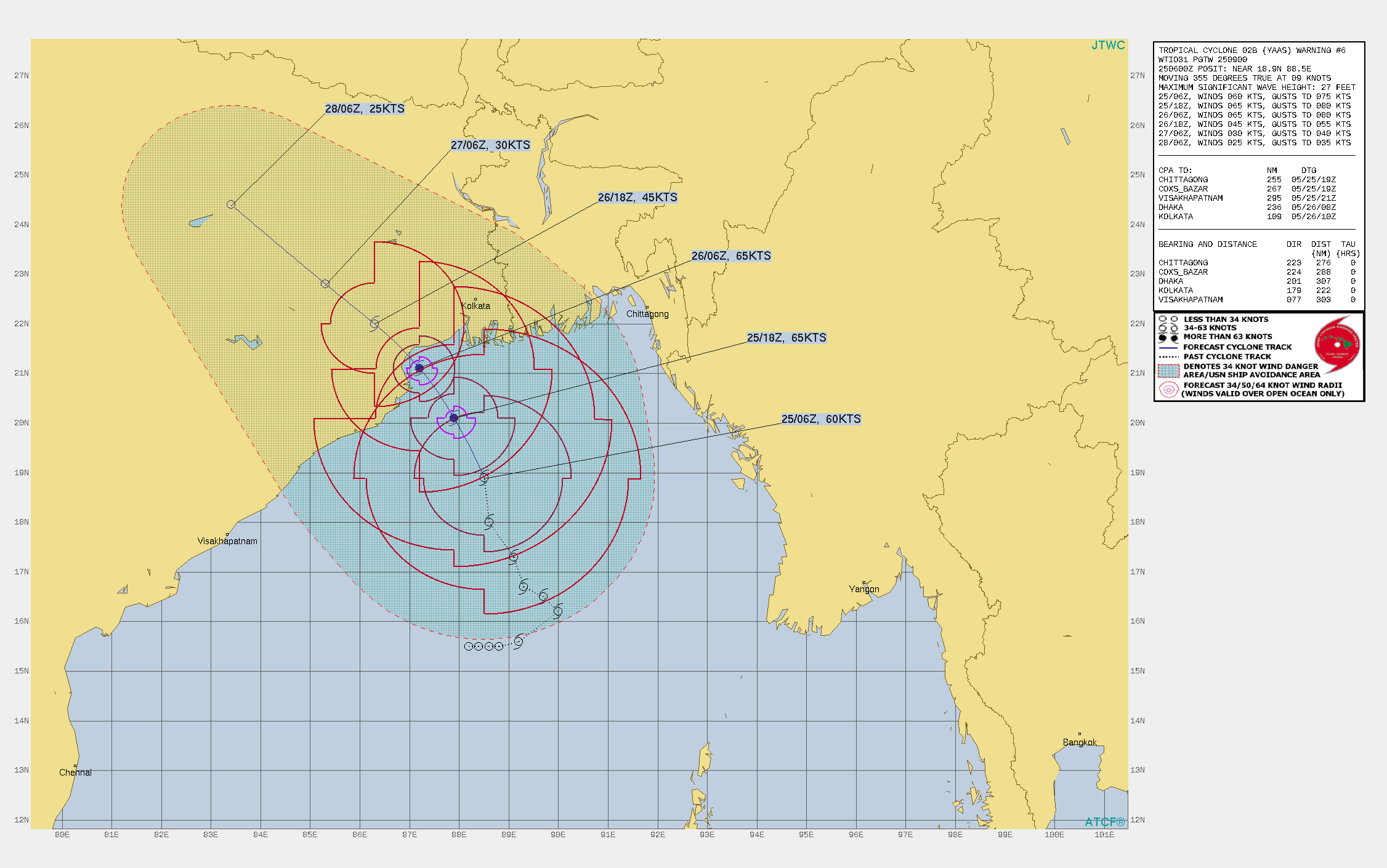 TC 02B(YAAS). WARNING 6 ISSUED AT 25/09UTC.TC 02B IS CURRENTLY IN A MARGINALLY FAVORABLE ENVIRONMENT WITH ROBUST RADIAL OUTFLOW ALOFT AND WARM  (30-31 C) SEA SURFACE TEMPERATURES OFFSET BY MODERATE RELATIVE VERTICAL  WIND SHEAR (20-25KTS). THE SYSTEM IS FORECAST TO REMAIN IN THE  MARGINALLY FAVORABLE ENVIRONMENT FOR THE NEXT 24 HOURS UP TO  LANDFALL SHORTLY AFTER 26/06UTC. TC 02B WILL CONTINUE SLIGHTLY  INTENSIFYING AS IT TRACKS NORTH-NORTHWESTWARD ALONG THE WESTERN  PERIPHERY OF A SUBTROPICAL RIDGE TO THE NORTHEAST. AFTER 12H, THE  VERTICAL WIND SHEAR IS FORECAST TO DECREASE TO 15KTS, ALLOWING TC  02B TO REACH A PEAK INTENSITY OF 65KNOTS/US CAT 1. AFTER 24H, THE SYSTEM  WILL CONTINUE TRACKING NORTH-NORTHWESTWARD ALONG THE WESTERN  PERIPHERY OF A SUBTROPICAL RIDGE TO THE NORTHEAST AND MAKE LANDFALL  NEAR BHITARKANIKA NATIONAL PARK, INDIA. AFTER MAKING LANDFALL, THE  SYSTEM WILL BEGIN DECAYING DUE TO LAND INTERACTION AND FULLY  DISSIPATE BY 72H, IF NOT SOONER.