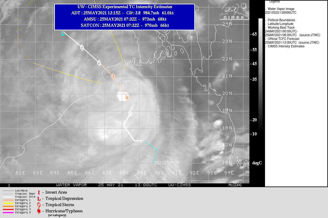 TC 02B(YAAS). WARNING 7 ISSUED AT 25/15UTC.TC 02B RESIDES IN A MARGINALLY FAVORABLE ENVIRONMENT WITH  ROBUST RADIAL OUTFLOW ALOFT AND WARM (30-31 C) SEA SURFACE  TEMPERATURES OFFSET BY LOW TO MODERATE RELATIVE VERTICAL WIND SHEAR  (15-20KTS). THE SYSTEM IS FORECAST TO REMAIN IN THE MARGINALLY  FAVORABLE ENVIRONMENT FOR THE NEXT 12 HOURS UP TO LANDFALL JUST  BEFORE 26/12UTC. TC 02B WILL REMAIN AT ITS PEAK INTENSITY OF 65KNOTS/US CAT 1 AS  IT TRACKS NORTH-NORTHWEST ALONG THE WESTERN PERIPHERY OF A  SUBTROPICAL RIDGE TO THE NORTHEAST. SHORTLY AFTER 12H, TC 02B IS  EXPECTED TO MAKE LANDFALL NEAR THE MOUTH OF THE ESTUARY OF  BUDHABALANGA RIVER, INDIA. AFTER MAKING LANDFALL, THE SYSTEM WILL  BEGIN DECAYING DUE TO LAND INTERACTION AND FULLY DISSIPATE BY  48H, IF NOT SHORTLY AFTER.