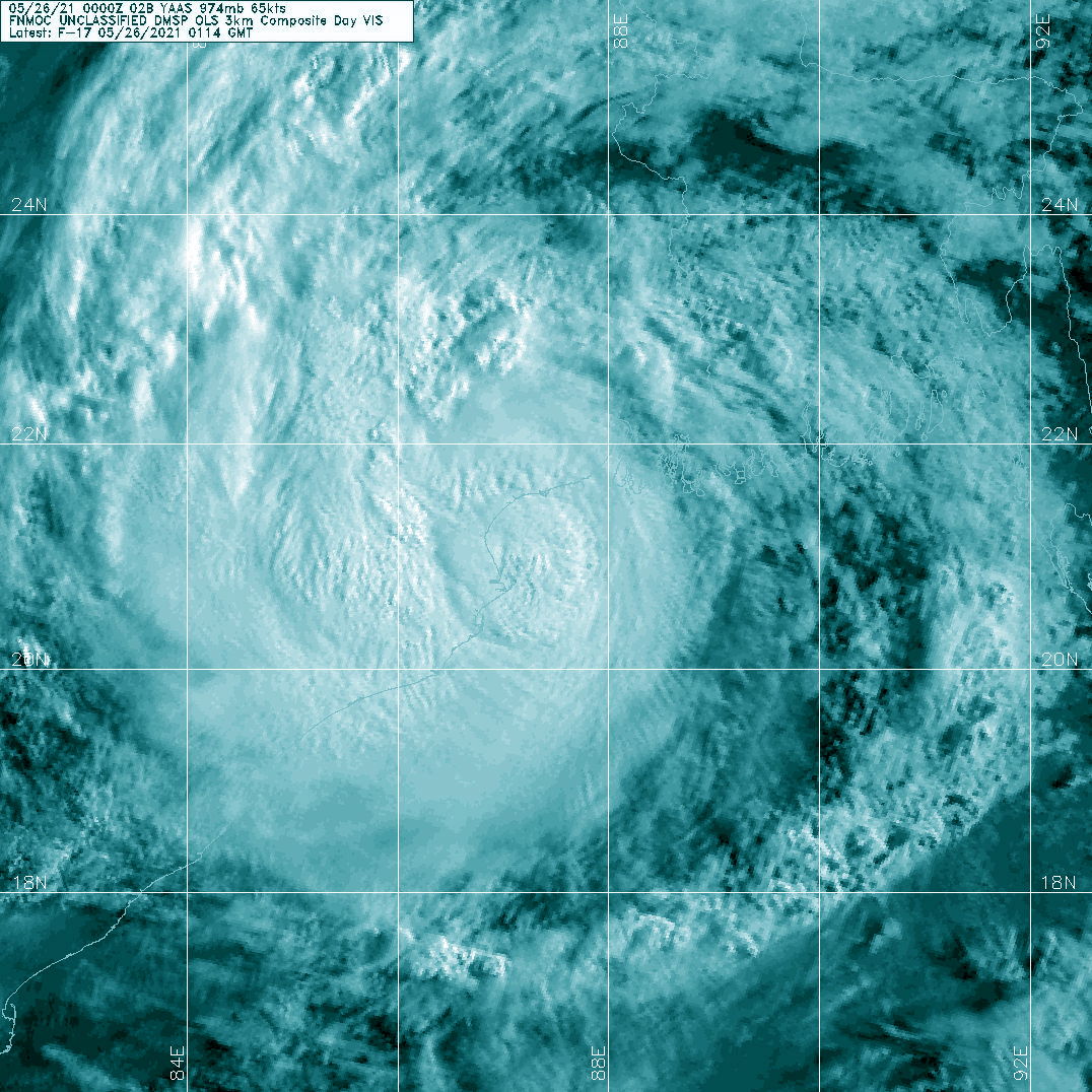 TC 02B(YAAS). 26/0114UTC. DMSP VISIBLE ENHANCED.MULTISPECTRAL SATELLITE IMAGERY DEPICTS DEEP CONVECTIVE BANDING  WRAPPING INTO A WELL-DEFINED LOW LEVEL CIRCULATION CENTER (LLCC)  WHICH HAS MAINTAINED AN OVERALL CONVECTIVE SIGNATURE, ALBEIT WITH  EARLY SIGNS OF DECAY DUE TO PROXIMITY TO SHORE.