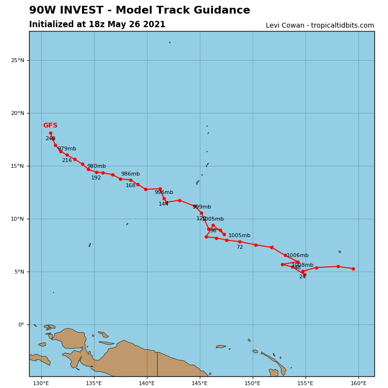 INVEST 90W. UPPER LEVEL ANALYSIS INDICATES LOW (10-15KTS) VERTICAL WIND SHEAR  AND A DEVELOPING EQUATORWARD OUTFLOW CHANNEL. SEA SURFACE  TEMPERATURES ARE FAVORABLE FOR DEVELOPMENT AT 29-30 DEGREES CELSIUS.  GLOBAL MODELS ARE IN GOOD AGREEMENT THAT INVEST 90W WILL CONTINUE TO  TRACK WESTWARD AS IT DEVELOPS. INVEST 90W. UPPER LEVEL ANALYSIS INDICATES LOW (10-15KTS) VERTICAL WIND SHEAR  AND A DEVELOPING EQUATORWARD OUTFLOW CHANNEL. SEA SURFACE  TEMPERATURES ARE FAVORABLE FOR DEVELOPMENT AT 29-30 DEGREES CELSIUS.  GLOBAL MODELS ARE IN GOOD AGREEMENT THAT INVEST 90W WILL CONTINUE TO  TRACK WESTWARD AS IT DEVELOPS.