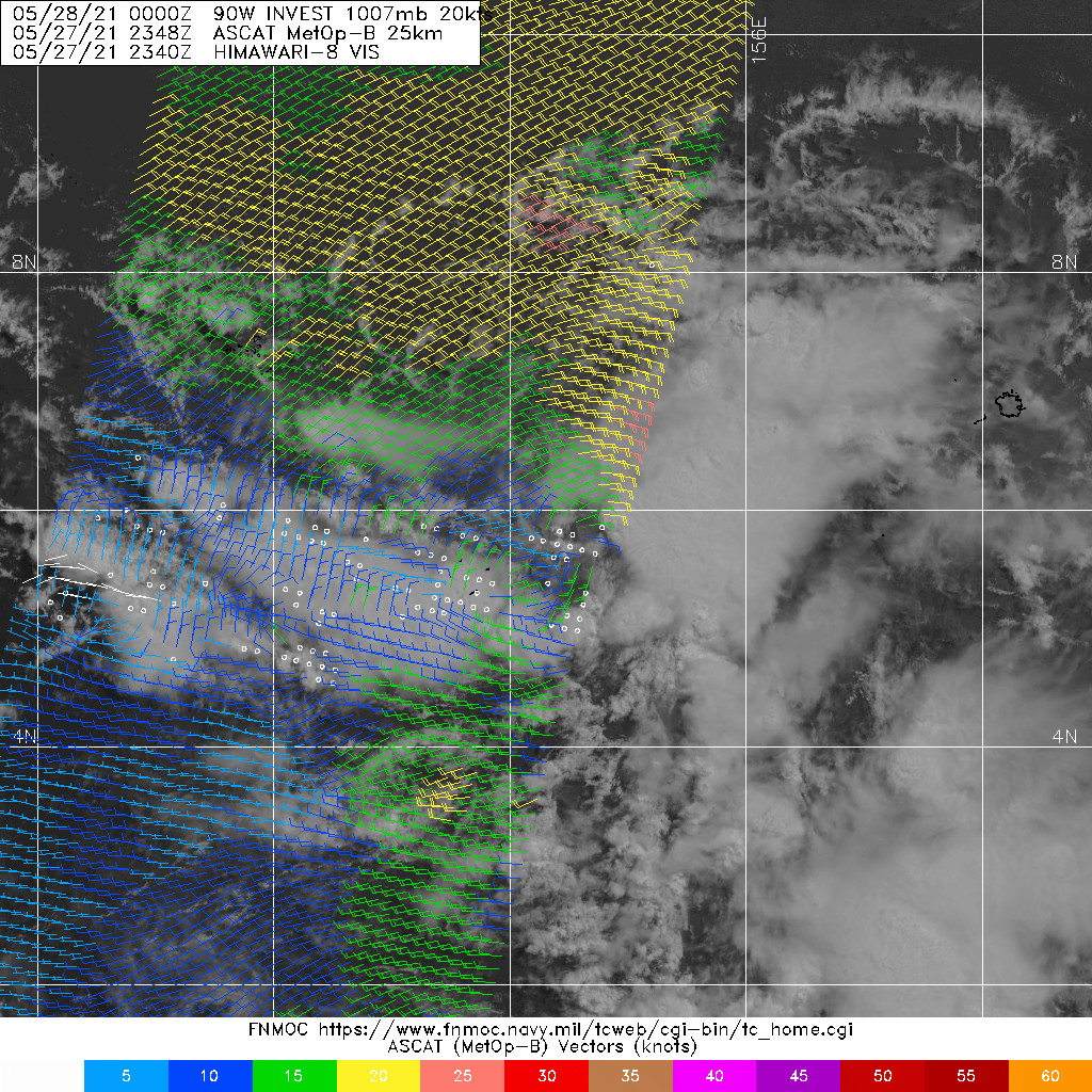 INVEST 90W. 27/2347UTC.SCATTEROMETRY DATA REVEALS AN ELONGATED LOW LEVEL CIRCULATION SURROUNDED  BY 15-20 KNOTS WINDS AND STRONGER 20-25 KTS WINDS DISPLACED  APPROXIMATELY 110-220 KM TO THE NORTH OF THE CENTRAL POSITION.