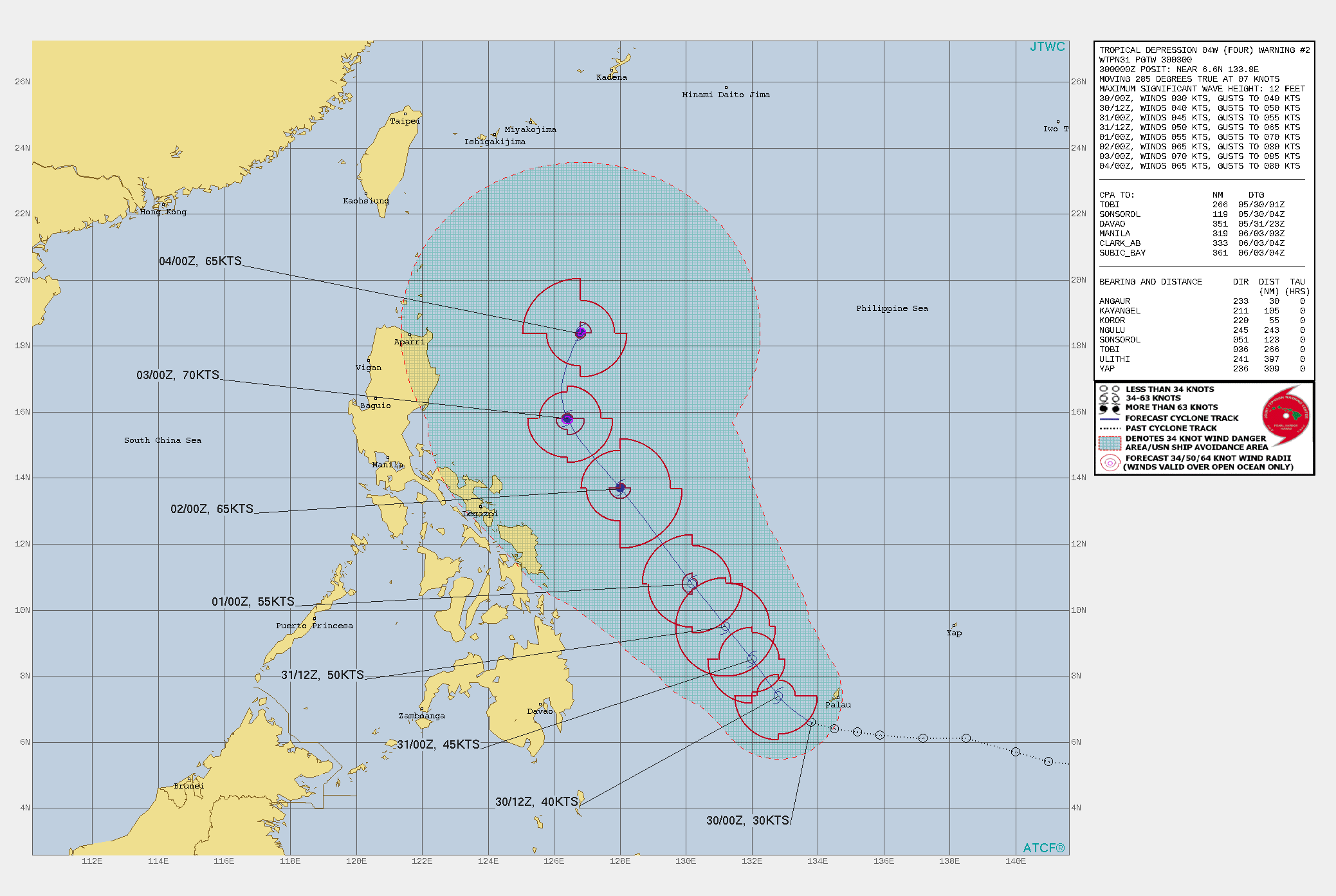 TD 04W. WARNING 2 ISSUED AT 30/03UTC.TD 04W REMAINS IN A FAVORABLE ENVIRONMENT WITH GOOD EASTWARD AND EQUATORWARD OUTFLOW, LOW WIND SHEAR (VWS) ALOFT, AND VERY WARM SEA  SURFACE TEMPERATURES (SST) IN THE PHILIPPINE SEA. THE CYCLONE IS  TRACKING ALONG THE SOUTHWEST PERIPHERY OF THE SUBTROPICAL RIDGE  (STR) TO THE EAST-NORTHEAST. TD 04W WILL TRACK MORE NORTHWESTWARD OVER THE NEXT 72 HOURS  UNDER THE STEERING INFLUENCE OF THE SUBTROPICAL RIDGE(STR). THE SYSTEM IS FORECAST TO  STEADILY INTENSIFY UNDER THE AFOREMENTIONED FAVORABLE CONDITIONS,  AND BY 72H, WILL REACH TYPHOON INTENSITY OF 65KNOTS/US CAT 1.  AFTER 72H, TD 04W WILL CONTINUE ON ITS NORTHWESTWARD TRACK  UNDER THE SAME STR; HOWEVER, BY 96H, THE SYSTEM WILL BEGIN TO  ROUND THE RIDGE AXIS THEN ACCELERATE NORTHEASTWARD. THE FAVORABLE  CONDITIONS WILL PERSIST AND INTENSIFY THE CYCLONE TO 75KNOTS/US CAT 1 BY  96H. AFTERWARD, AS IT BECOMES EXPOSED TO INCREASED POLEWARD OUTFLOW  ASSOCIATED WITH THE PREVAILING WESTERLIES UNDER THE POLAR FRONT JET,  THE SYSTEM WILL PEAK AROUND 102H THEN SYSTEM WILL BEGIN TO DECAY  DUE TO INCREASING VWS DOWN TO 65KNOTS BY 120H.