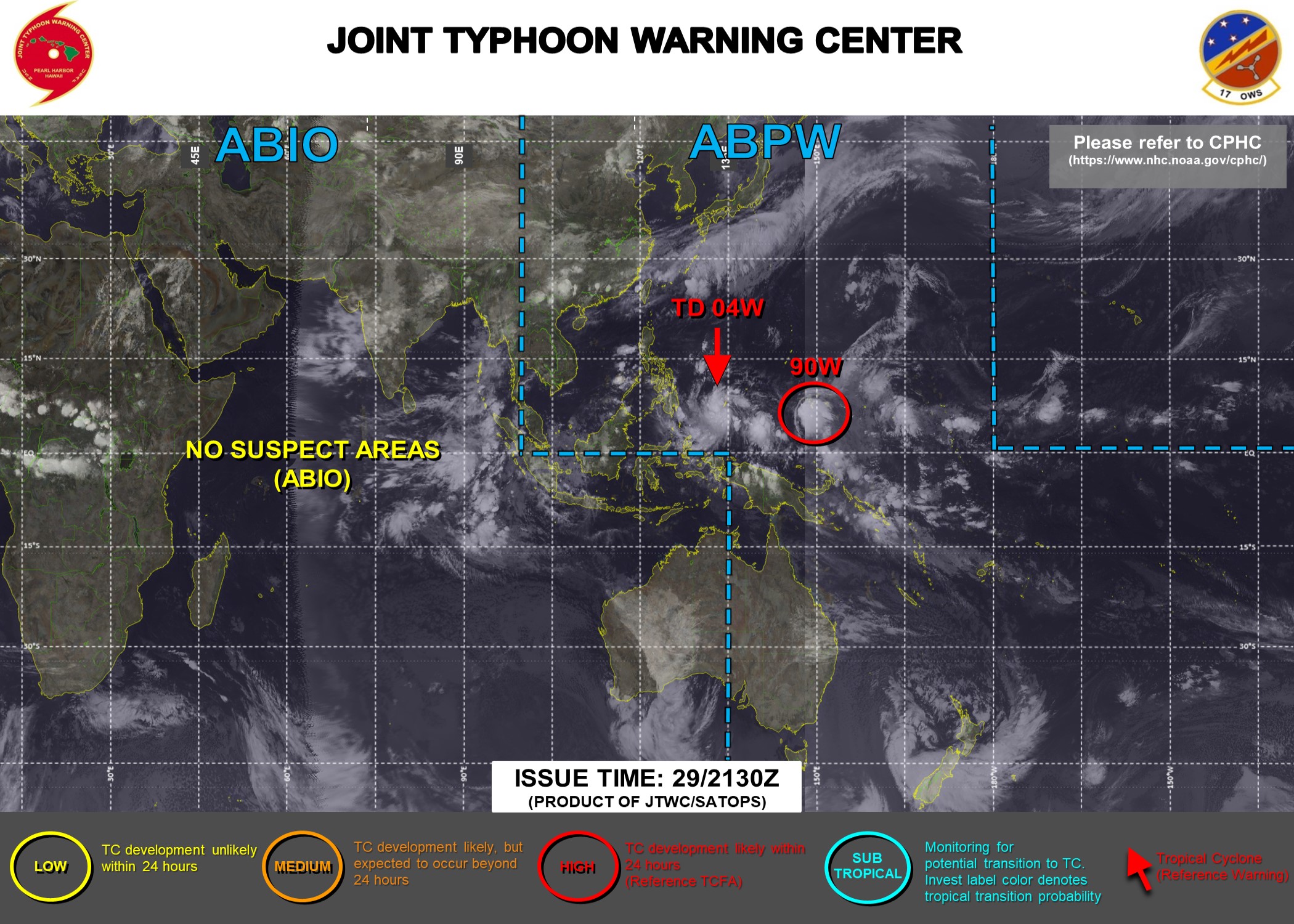 30/00UTC. INVEST 99W WAS UP-GRADED TO TD 04W AT 29/21UTC. INVEST 90W IS STILL HIGH FOR THE NEXT 24HOURS. JTWC IS ISSUING 6HOURLY WARNINGS AND 3HOURLY SATELLITE BULLETINS ON 04W.