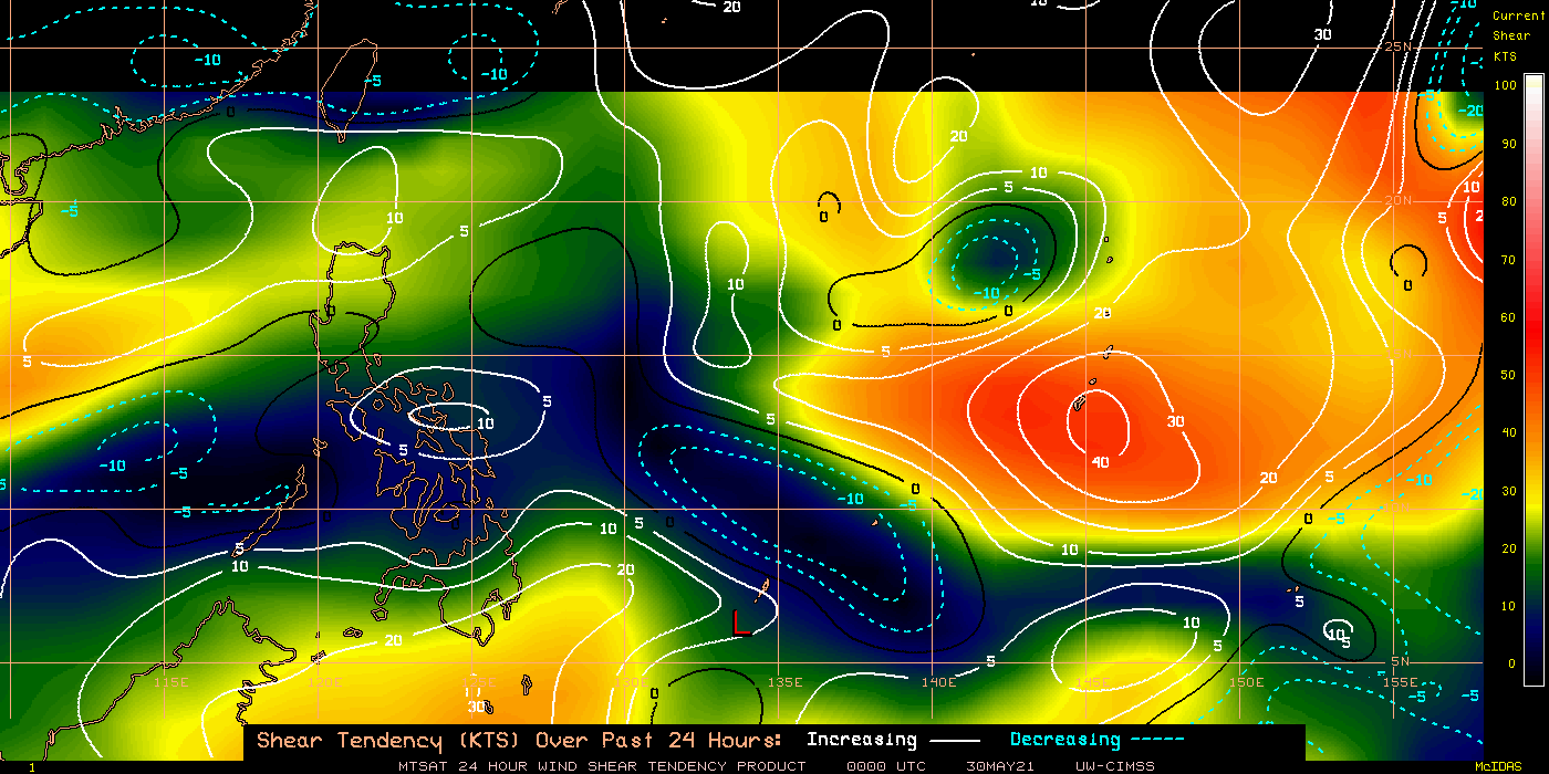 TD 04W. 24H SHEAR TENDENCY.UW-CIMSS Experimental Vertical Shear and TC Intensity Trend Estimates: CIMSS Vertical Shear Magnitude : 7.1 m/s (13.8 kts)Direction : 71.9deg Outlook for TC Intensification Based on Current Env. Shear Values and MPI Differential: FAVOURABLE OVER 24H.
