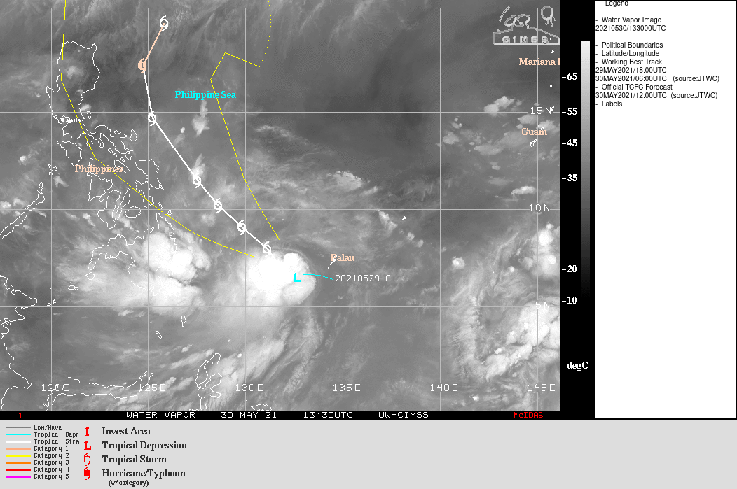 TS 04W. WARNING4 ISSUED AT 30/15UTC.TS 04W REMAINS IN A FAVORABLE ENVIRONMENT WITH FAIR WESTWARD AND  EQUATORWARD OUTFLOW, LOW (5-10KTS) VERTICAL WIND SHEAR (VWS) ALOFT,  AND VERY WARM (30-31C) SEA SURFACE TEMPERATURES (SST) IN THE  PHILIPPINE SEA. THE CYCLONE IS TRACKING ALONG THE SOUTHWEST  PERIPHERY OF THE SUBTROPICAL RIDGE (STR) TO THE EAST-NORTHEAST.  TS 04W WILL TRACK MORE NORTHWESTWARD OVER THE NEXT 72 HOURS  UNDER THE STEERING INFLUENCE OF THE STR. THE SYSTEM WILL GRADUALLY  INTENSIFY UNDER THE AFOREMENTIONED FAVORABLE CONDITIONS AND BY 72H, WHICH WILL REACH 60KNOTS.  AFTER 72H, TD 04W WILL CONTINUE ON ITS NORTHWESTWARD TRACK  UNDER THE SAME STR; HOWEVER, BY 96H, THE SYSTEM WILL BEGIN TO  ROUND THE RIDGE AXIS THEN ACCELERATE NORTHEASTWARD. THE FAVORABLE  CONDITIONS WILL PERSIST AND INTENSIFY THE CYCLONE SLIGHTLY, TO A  PEAK INTENSITY OF 65KNOTS/ US CAT 1 BY 96H. AFTERWARD, AS IT BECOMES EXPOSED  TO INCREASED POLEWARD OUTFLOW ASSOCIATED WITH THE PREVAILING  WESTERLIES UNDER THE POLAR FRONT JET, TD 04W WILL RAPIDLY DECAY DUE  TO INCREASING VWS TO 45KNOTS BY 120H.