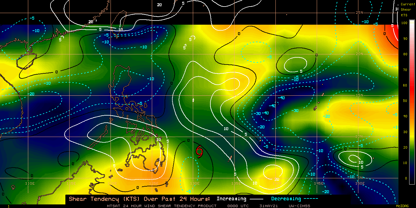 TS 04W. 31/00UTC.24H SHEAR TENDENCY.UW-CIMSS Experimental Vertical Shear and TC Intensity Trend Estimates: CIMSS Vertical Shear Magnitude : 9.1 m/s (17.7 kts)Direction : 35.6deg Outlook for TC Intensification Based on Current Env. Shear Values and MPI Differential: FAVOURABLE OVER 24H.