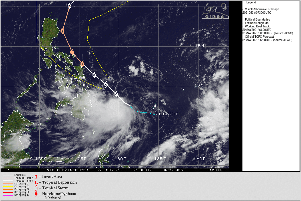 TS 04W(CHOI-wan). ANIMATED MULTISPECTRAL SATELLITE IMAGERY SHOWS THE LOW-LEVEL CIRCULATION (LLC) IS PARTIALLY EXPOSED,  OFFSETTING THE REGION OF DEEPENED CENTRAL CONVECTION WITH  OVERSHOOTING CLOUD TOPS JUST SOUTHWEST OF THE MAIN LLC. IF NECESSARY CLICK TO ANIMATE.