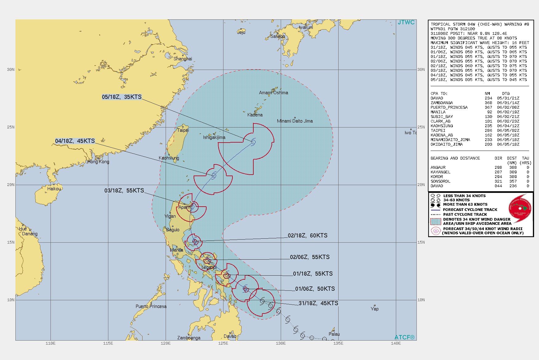 TS 04W. WARNING 9 ISSUED AT 31/21UTC.THE SYSTEM IS LOCATED WITHIN A MARGINALLY-FAVORABLE ENVIRONMENT WITH NORTHEASTERLY  VERTICAL WIND SHEAR (VWS) OFFSET BY GOOD EQUATORWARD OUTFLOW AND  WARM SST VALUES (29-30C). TS 04W IS TRACKING WEST-NORTHWESTWARD  UNDER THE STEERING INFLUENCE OF A DEEP-LAYERED SUBTROPICAL RIDGE  (STR) POSITIONED TO THE NORTH AND NORTHEAST.TS 04W IS FORECAST TO TRACK ALONG THE EASTERN COAST OF THE  PHILIPPINES WHILE SLOWLY INTENSIFYING TO A PEAK OF 60 KNOTS BY   48H. AFTER 72H, THE WESTERN PORTIONS OF THE STR WILL  CONTINUE TO ERODE ALLOWING THE SYSTEM TO RECURVE NORTHEASTWARD. TS  04W WILL WEAKEN AS IT ENCOUNTERS INCREASING VWS ASSOCIATED WITH A  MIDLATITUDE SHORTWAVE TROUGH EXPECTED TO DIG OVER THE EAST CHINA  SEA. TS 04W IS EXPECTED TO BEGIN EXTRA-TROPICAL TRANSITION (ETT)  NEAR 120H BUT MAY DISSIPATE PRIOR TO COMPLETING ETT.
