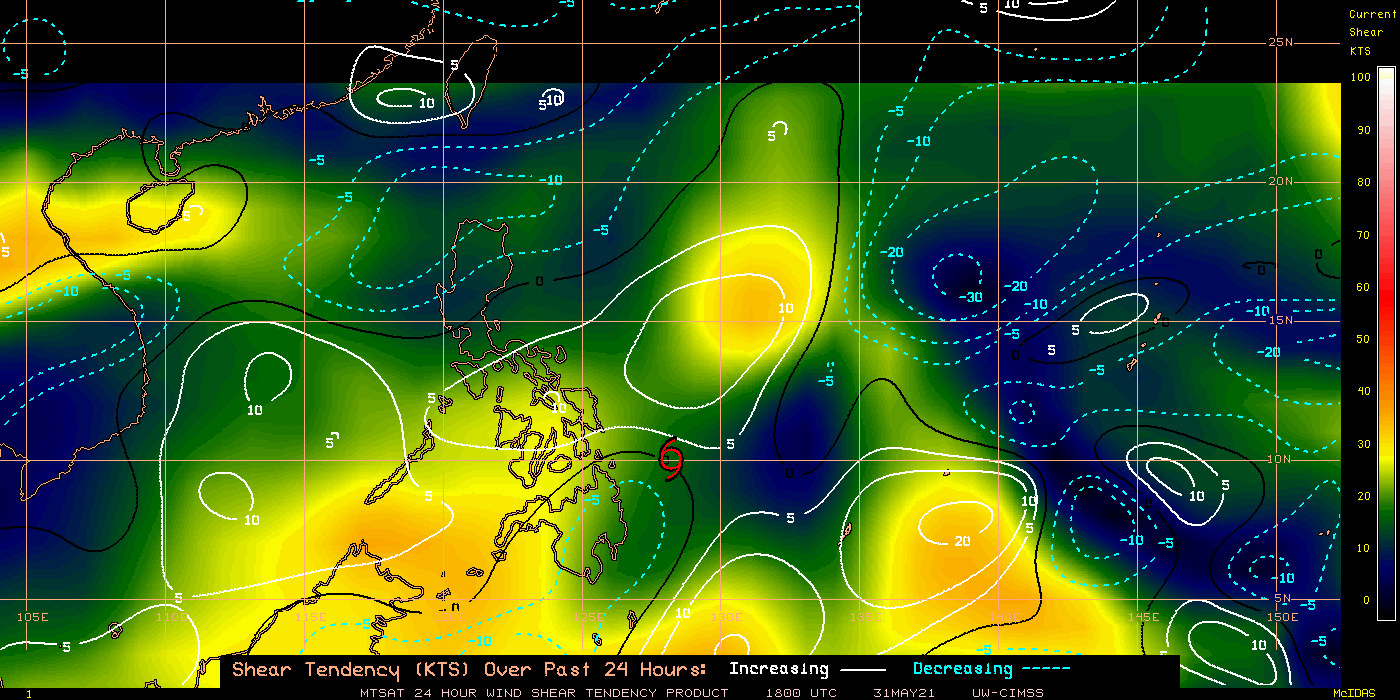 TS 04W. 31/18UTC.24H SHEAR TENDENCY.UW-CIMSS Experimental Vertical Shear and TC Intensity Trend Estimates: CIMSS Vertical Shear Magnitude : 9.4 m/s (18.2 kts)Direction : 71.6deg Outlook for TC Intensification Based on Current Env. Shear Values and MPI Differential: FAVOURABLE OVER 24H. TS 04W. 31/18UTC.24H SHEAR TENDENCY.UW-CIMSS Experimental Vertical Shear and TC Intensity Trend Estimates: CIMSS Vertical Shear Magnitude : 9.4 m/s (18.2 kts)Direction : 71.6deg Outlook for TC Intensification Based on Current Env. Shear Values and MPI Differential: FAVOURABLE OVER 24H.