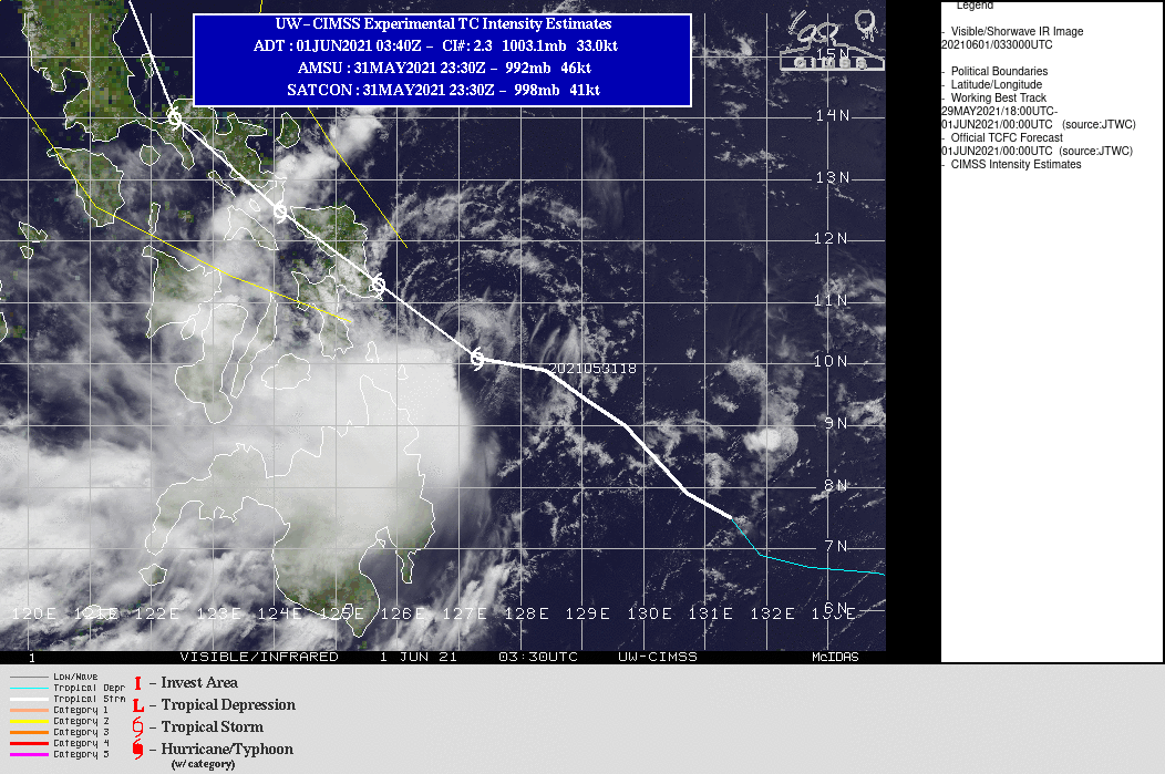 TS 04W. DUE TO THE WESTWARD SHIFT IN THE FORECAST TRACK OVER THE PHILIPPINES THROUGH 72H, THE INTENSITY FORECAST IS SIGNIFICANTLY  LOWER THAN THE PREVIOUS FORECAST.