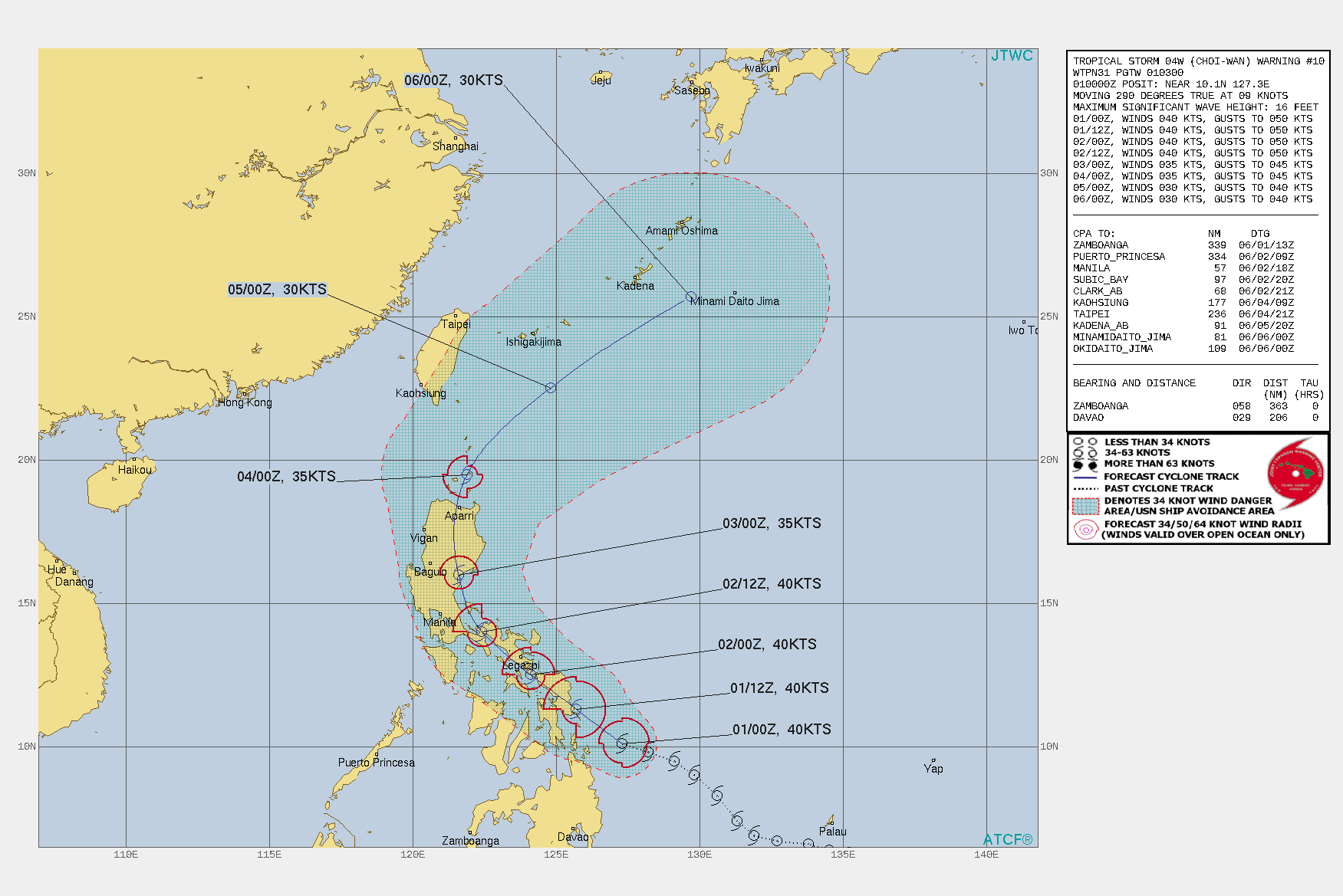 TS 04W. WARNING 10 ISSUED AT 01/03UTC.THE SYSTEM IS LOCATED WITHIN A MARGINALLY-FAVORABLE ENVIRONMENT WITH  NORTHEASTERLY VERTICAL WIND SHEAR (VWS) OFFSET BY GOOD EQUATORWARD  OUTFLOW AND WARM SST VALUES (29-30C). TS 04W HAS DECOUPLED AND IS  TRACKING WEST-NORTHWESTWARD UNDER THE STEERING INFLUENCE OF A DEEP- LAYERED SUBTROPICAL RIDGE (STR) POSITIONED TO THE NORTH AND  NORTHEAST. AFTER 72H, THE WESTERN PORTIONS OF THE STR WILL  CONTINUE TO ERODE ALLOWING THE SYSTEM TO RECURVE NORTHEASTWARD. TS  04W WILL WEAKEN AS IT ENCOUNTERS INCREASING VWS ASSOCIATED WITH A  MIDLATITUDE SHORTWAVE TROUGH EXPECTED TO DIG OVER THE EAST CHINA  SEA. TS 04W IS EXPECTED TO BEGIN EXTRA-TROPICAL TRANSITION (ETT)  NEAR 96H BUT MAY DISSIPATE PRIOR TO COMPLETING ETT NEAR 120H.