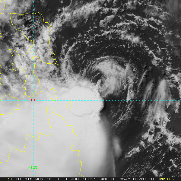 TS 04W. 01/04UTC. POORLY ORGANIZED SYSTEM WHICH HAS DECOUPLED(  EXPOSED LOW LEVEL CIRCULATION CENTER AWAY FROM DEEP CONVECTION).