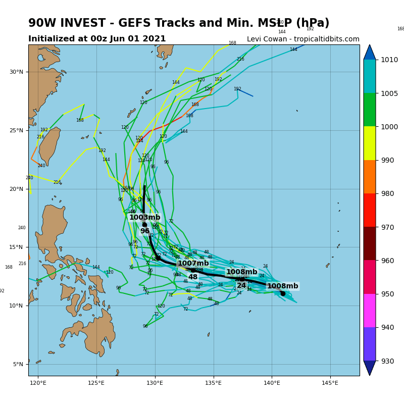 INVEST 90W.  ANIMATED MULTISPECTRAL SATELLITE IMAGERY AND A 010400Z AMSR2 89GHZ MICROWAVE  IMAGE DEPICT BROAD AREA OF TURNING OBSCURED BY FLARING CONVECTION  THAT IS BEING SHEARED TO THE SOUTHWEST. FURTHERMORE, A 010004Z METOP- B ASCAT IMAGE FURTHER EMPHASIZES THE BROAD NATURE OF 90W WITH  POTENTIAL MULTIPLE CENTERS OF CIRCULATION EMBEDDED WITHIN THE  BROADER OVERALL ROTATION. THE POSITION IS BASED ON THE CENTROID OF  THE BROADER CIRCULATION AND THE SMALLER EMBEDDED FEATURES.  UPPER  LEVEL ANALYSIS INDICATES 90W IS IN A FAVORABLE ENVIRONMENT FOR  DEVELOPMENT WITH LOW TO MODERATE (10-20 KNOT) VWS OFFSET, GOOD  DIVERGENCE ALOFT, AND WARM (28-30C) SEA SURFACE TEMPERATURES. GLOBAL  MODELS ARE IN GOOD AGREEMENT THAT 90W WILL CONTINUE TO TRACK  GENERALLY NORTHWESTWARD AND THOUGH OVERALL CONDITIONS ARE FAVORABLE,  THE LACK OF A DISTINCT, CONSOLIDATED LLCC AT THIS TIME WILL SERVE TO  LIMIT THE POTENTIAL DEVELOPMENT. INVEST 90W.  ANIMATED MULTISPECTRAL SATELLITE IMAGERY AND A 010400Z AMSR2 89GHZ MICROWAVE  IMAGE DEPICT BROAD AREA OF TURNING OBSCURED BY FLARING CONVECTION  THAT IS BEING SHEARED TO THE SOUTHWEST. FURTHERMORE, A 010004Z METOP- B ASCAT IMAGE FURTHER EMPHASIZES THE BROAD NATURE OF 90W WITH  POTENTIAL MULTIPLE CENTERS OF CIRCULATION EMBEDDED WITHIN THE  BROADER OVERALL ROTATION. THE POSITION IS BASED ON THE CENTROID OF  THE BROADER CIRCULATION AND THE SMALLER EMBEDDED FEATURES.  UPPER  LEVEL ANALYSIS INDICATES 90W IS IN A FAVORABLE ENVIRONMENT FOR  DEVELOPMENT WITH LOW TO MODERATE (10-20 KNOT) VWS OFFSET, GOOD  DIVERGENCE ALOFT, AND WARM (28-30C) SEA SURFACE TEMPERATURES. GLOBAL  MODELS ARE IN GOOD AGREEMENT THAT 90W WILL CONTINUE TO TRACK  GENERALLY NORTHWESTWARD AND THOUGH OVERALL CONDITIONS ARE FAVORABLE,  THE LACK OF A DISTINCT, CONSOLIDATED LLCC AT THIS TIME WILL SERVE TO  LIMIT THE POTENTIAL DEVELOPMENT.
