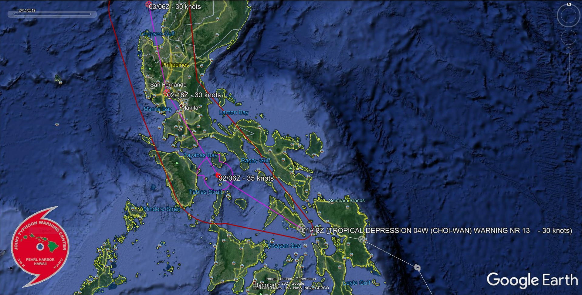 TD 04W. WARNING 13. FORECAST TRACK OVER THE SIBUYAN SEA THEN TO THE WEST OF MANILA WITHIN 24H.