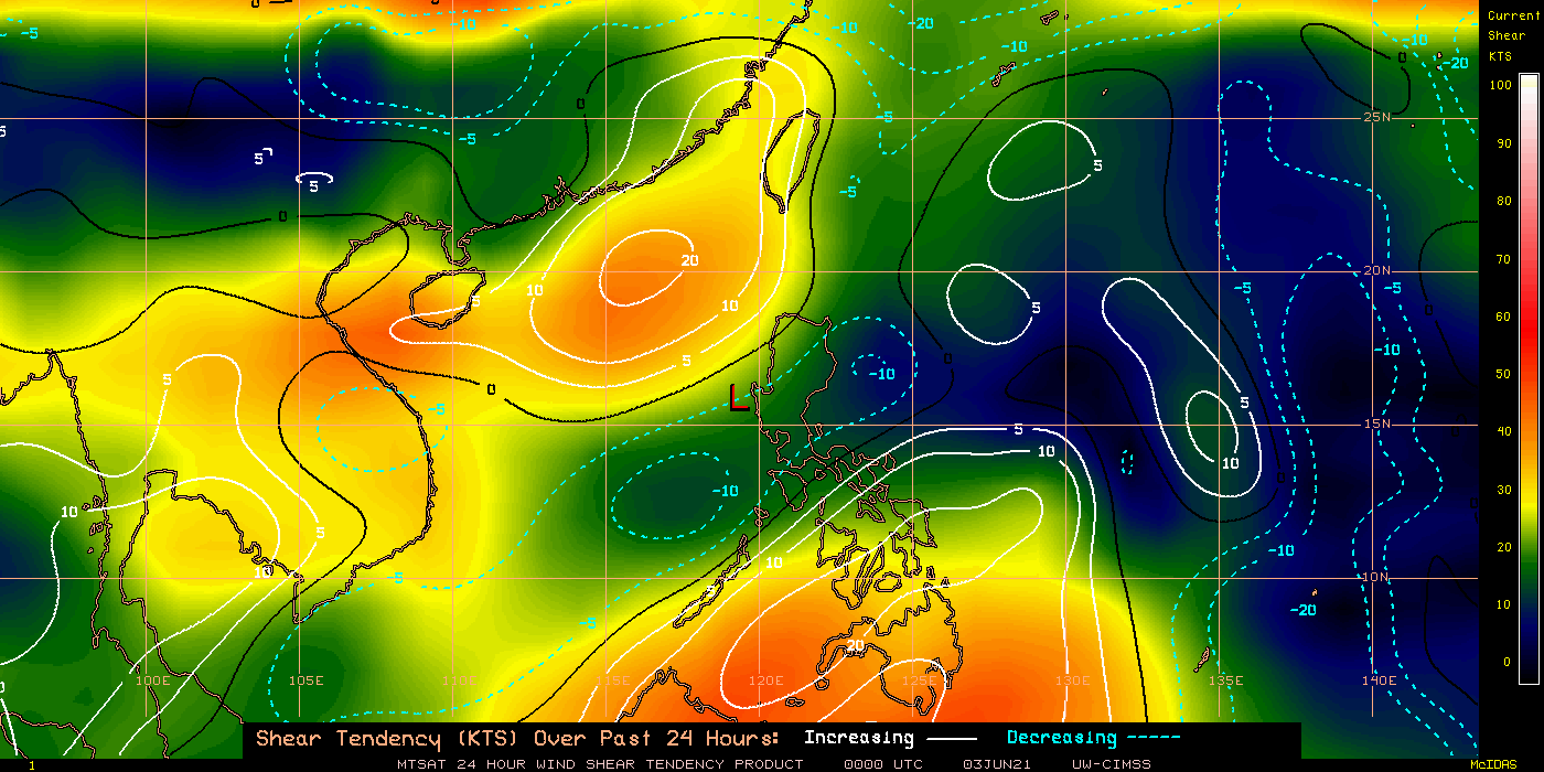 03/00UTC. 24H SHEAR TENDENCY.UW-CIMSS Experimental Vertical Shear and TC Intensity Trend Estimates: CIMSS Vertical Shear Magnitude : 9.0 m/s (17.5 kts)Direction : 68.2deg Outlook for TC Intensification Based on Current Env. Shear Values and MPI Differential: FAVOURABLE OVER 24H.