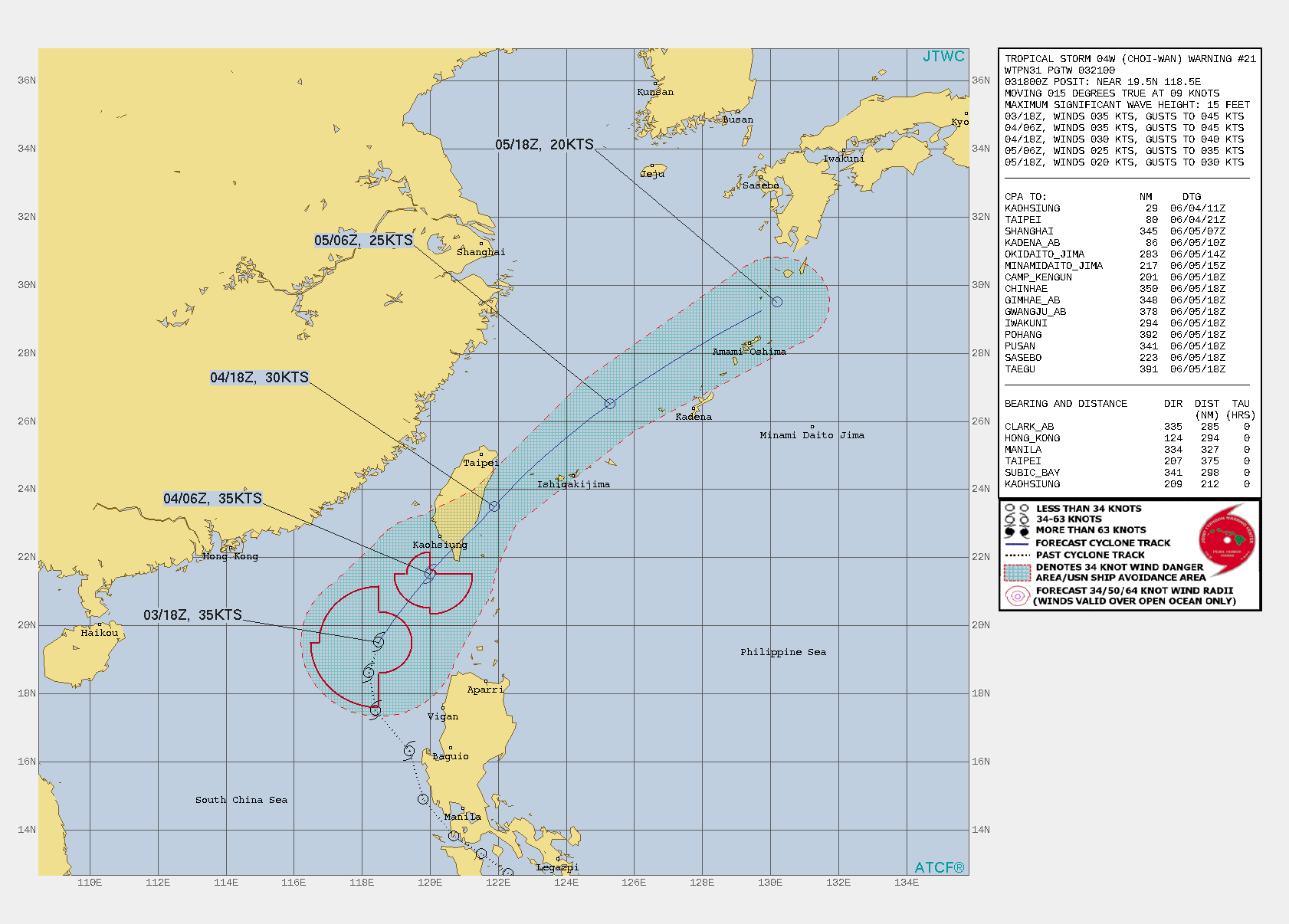 TS 04W. WARNING 21 ISSUED AT 03/21UTC.THE SYSTEM IS IN A MARGINAL ENVIRONMENT WITH GOOD WESTWARD AND EQUATORWARD OUTFLOW AND VERY WARM  (30-31C) SEA SURFACE TEMPERATURES, OFFSET BY MODERATE TO STRONG (20- 25KT) VERTICAL WIND SHEAR(VWS) FROM THE NORTHEAST. THE CYCLONE IS  TRACKING ALONG THE WESTERN PERIPHERY OF THE SUBTROPICAL RIDGE (STR)  TO THE EAST. THE FORECAST TRACK HAS BEEN REDUCED 48H TO INDICATE DISSIPATION OVER WATER  SOUTH OF KYUSHU, JAPAN.TS 04W HAS BEGUN TO MAKE ITS TURN NORTHEASTWARD AROUND THE  AXIS OF THE STR AND AFTER 12H WILL BEGIN TO WEAKEN DUE TO  INTERACTION WITH THE SOUTHERN PORTION OF THE CHUNGYANG MOUNTAIN  RANGE IN TAIWAN. BY 24H, TS 04W WILL WEAKEN TO 30 KNOTS DUE TO  INCREASING VWS ASSOCIATED WITH STRONG NORTHEASTERLY FLOW FROM A  SECONDARY STR ANCHORED OVER SOUTHEASTERN CHINA. BY 36H, THE  SYSTEM WILL WEAKEN TO 25 KNOTS AS IT PASSES EAST-NORTHEAST OF KADENA  AIR BASE. AT 48H, THE SYSTEM WILL BE FULLY DISSIPATED AS IT GETS  ABSORBED INTO THE MEI-YU FRONTAL BOUNDARY APPROACHING FROM THE WEST,  POSSIBLY SOONER. TS 04W. WARNING 21 ISSUED AT 03/21UTC.THE SYSTEM IS IN A MARGINAL ENVIRONMENT WITH GOOD WESTWARD AND EQUATORWARD OUTFLOW AND VERY WARM  (30-31C) SEA SURFACE TEMPERATURES, OFFSET BY MODERATE TO STRONG (20- 25KT) VERTICAL WIND SHEAR(VWS) FROM THE NORTHEAST. THE CYCLONE IS  TRACKING ALONG THE WESTERN PERIPHERY OF THE SUBTROPICAL RIDGE (STR)  TO THE EAST. THE FORECAST TRACK HAS BEEN REDUCED 48H TO INDICATE DISSIPATION OVER WATER  SOUTH OF KYUSHU, JAPAN.TS 04W HAS BEGUN TO MAKE ITS TURN NORTHEASTWARD AROUND THE  AXIS OF THE STR AND AFTER 12H WILL BEGIN TO WEAKEN DUE TO  INTERACTION WITH THE SOUTHERN PORTION OF THE CHUNGYANG MOUNTAIN  RANGE IN TAIWAN. BY 24H, TS 04W WILL WEAKEN TO 30 KNOTS DUE TO  INCREASING VWS ASSOCIATED WITH STRONG NORTHEASTERLY FLOW FROM A  SECONDARY STR ANCHORED OVER SOUTHEASTERN CHINA. BY 36H, THE  SYSTEM WILL WEAKEN TO 25 KNOTS AS IT PASSES EAST-NORTHEAST OF KADENA  AIR BASE. AT 48H, THE SYSTEM WILL BE FULLY DISSIPATED AS IT GETS  ABSORBED INTO THE MEI-YU FRONTAL BOUNDARY APPROACHING FROM THE WEST,  POSSIBLY SOONER.