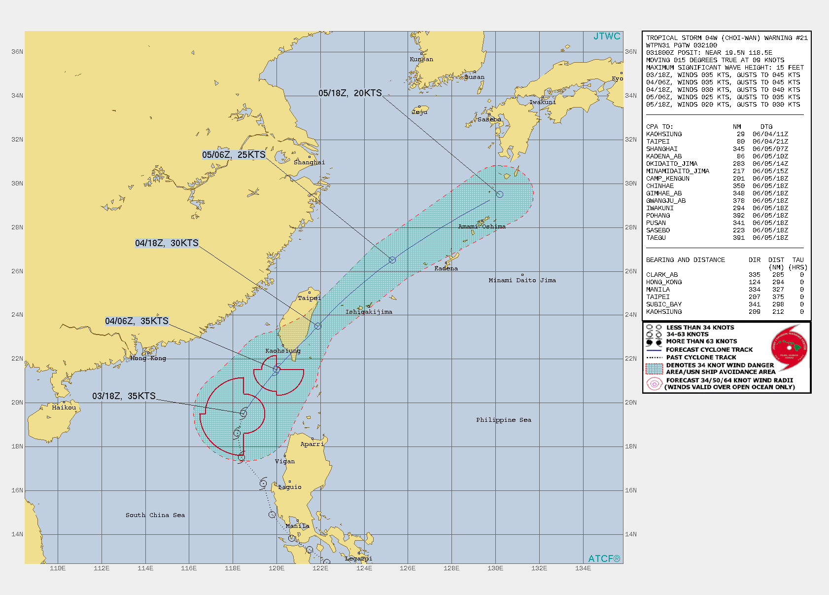 TS 04W. WARNING 21 ISSUED AT 03/21UTC.THE SYSTEM IS IN A MARGINAL ENVIRONMENT WITH GOOD WESTWARD AND EQUATORWARD OUTFLOW AND VERY WARM  (30-31C) SEA SURFACE TEMPERATURES, OFFSET BY MODERATE TO STRONG (20- 25KT) VERTICAL WIND SHEAR(VWS) FROM THE NORTHEAST. THE CYCLONE IS  TRACKING ALONG THE WESTERN PERIPHERY OF THE SUBTROPICAL RIDGE (STR)  TO THE EAST. THE FORECAST TRACK HAS BEEN REDUCED 48H TO INDICATE DISSIPATION OVER WATER  SOUTH OF KYUSHU, JAPAN.TS 04W HAS BEGUN TO MAKE ITS TURN NORTHEASTWARD AROUND THE  AXIS OF THE STR AND AFTER 12H WILL BEGIN TO WEAKEN DUE TO  INTERACTION WITH THE SOUTHERN PORTION OF THE CHUNGYANG MOUNTAIN  RANGE IN TAIWAN. BY 24H, TS 04W WILL WEAKEN TO 30 KNOTS DUE TO  INCREASING VWS ASSOCIATED WITH STRONG NORTHEASTERLY FLOW FROM A  SECONDARY STR ANCHORED OVER SOUTHEASTERN CHINA. BY 36H, THE  SYSTEM WILL WEAKEN TO 25 KNOTS AS IT PASSES EAST-NORTHEAST OF KADENA  AIR BASE. AT 48H, THE SYSTEM WILL BE FULLY DISSIPATED AS IT GETS  ABSORBED INTO THE MEI-YU FRONTAL BOUNDARY APPROACHING FROM THE WEST,  POSSIBLY SOONER.