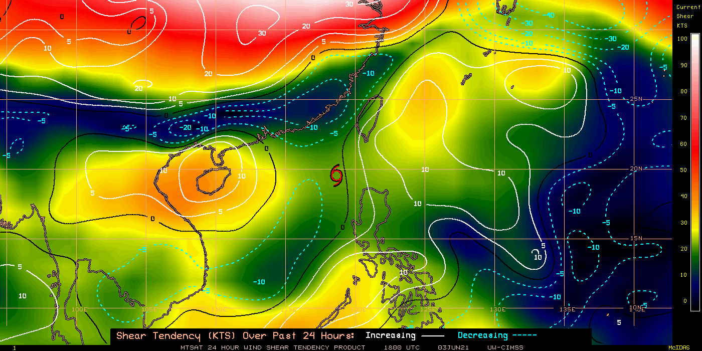 03/18UTC. 24H SHEAR TENDENCY.UW-CIMSS Experimental Vertical Shear and TC Intensity Trend Estimates: CIMSS Vertical Shear Magnitude : 11.9 m/s (23.1 kts)Direction : 43.7deg Outlook for TC Intensification Based on Current Env. Shear Values and MPI Differential: FAVOURABLE OVER 24H. 03/18UTC. 24H SHEAR TENDENCY.UW-CIMSS Experimental Vertical Shear and TC Intensity Trend Estimates: CIMSS Vertical Shear Magnitude : 11.9 m/s (23.1 kts)Direction : 43.7deg Outlook for TC Intensification Based on Current Env. Shear Values and MPI Differential: FAVOURABLE OVER 24H.