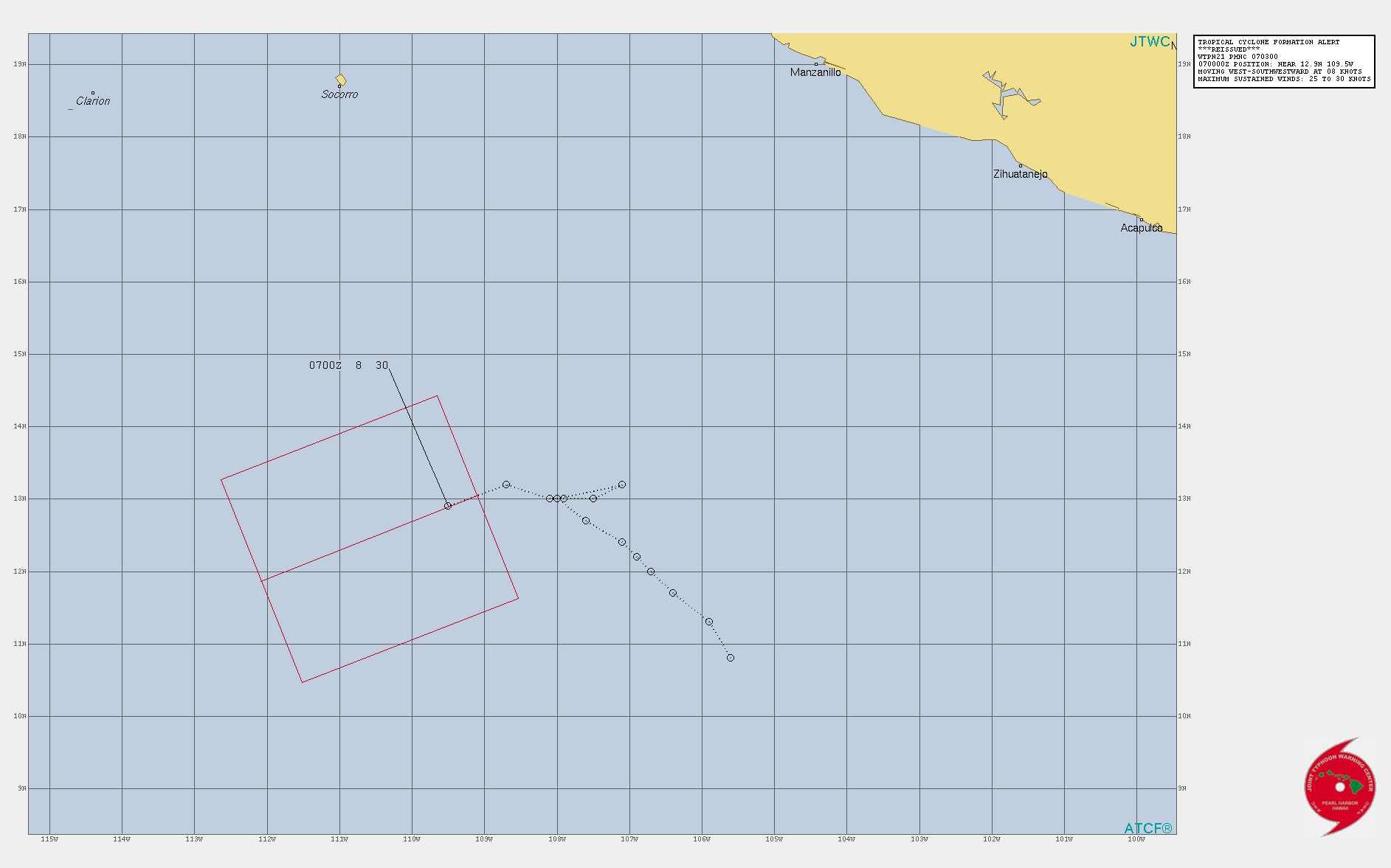INVEST 92E. TROPICAL CYCLONE FORMATION ALERT ISSUED AT 07/03UTC.FORMATION OF A SIGNIFICANT TROPICAL CYCLONE IS POSSIBLE WITHIN 170 KM EITHER SIDE OF A LINE FROM 13.1N 109.1W TO 11.9N 112.1W WITHIN THE NEXT 12 TO 24 HOURS. AVAILABLE DATA DOES NOT JUSTIFY ISSUANCE OF NUMBERED TROPICAL CYCLONE WARNINGS AT THIS TIME. WINDS IN THE AREA ARE ESTIMATED TO BE 25 TO 30 KNOTS. METSAT IMAGERY AT 060200Z INDICATES THAT A CIRCULATION CENTER IS LOCATED NEAR 12.9N 109.5W. THE SYSTEM IS MOVING WEST-SOUTHWESTWARD AT 15 KM/H.THE AREA OF CONVECTION (INVEST 92E) PREVIOUSLY LOCATED  NEAR 13.0N 107.5W IS NOW LOCATED NEAR 12.9N 109.5W, APPROXIMATELY  1249 NM SOUTH-SOUTHEAST OF SAN DIEGO, CALIFORNIA. ANIMATED ENHANCED  INFRARED SATELLITE IMAGERY (EIR) AND A 062309Z SSMIS 91GHZ MICROWAVE  IMAGE DEPICT AREAS OF DEEP CONVECTION OFFSET TO THE NORTHWEST OF AN  EXPOSED LOW LEVEL CIRCULATION CENTER (LLCC). ENVIRONMENTAL ANALYSIS  INDICATES FAVORABLE CONDITIONS FOR DEVELOPMENT WITH SUPPORTING  DIVERGENCE ALOFT, LOW (10-15 KTS) VERTICAL WIND SHEAR (VWS), AND  WARM (29-30C) SEA SURFACE TEMPERATURES. THE SYSTEM HAS A SHORT  WINDOW FOR DEVELOPMENT AS IT WILL MOVE INTO AN UNFAVORABLE SHEAR AND  OUTFLOW ENVIRONMENT IN THE NEXT 24 TO 36 HOURS. SHOULD THE SYSTEM  FORM, IT IS EXPECTED TO TRACK WEST-SOUTHWESTWARD.