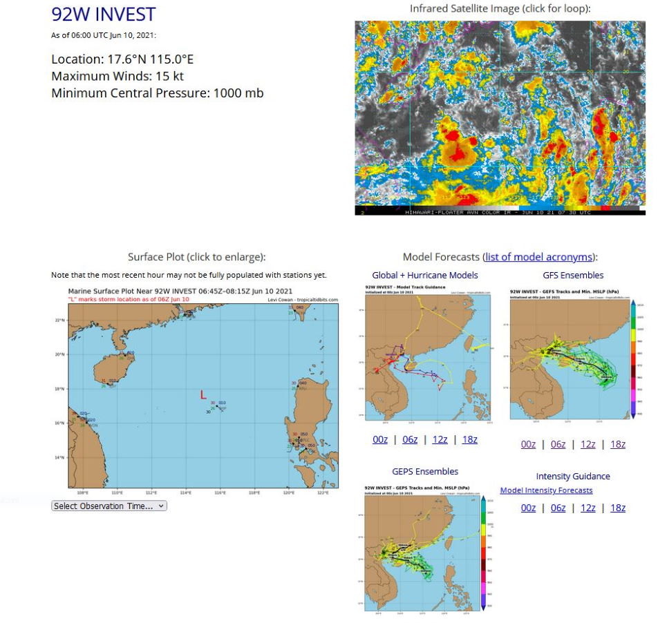 INVEST 92W. ANIMATED MULTISPECTRAL SATELLITE IMAGERY AND A 100534Z AMSR2 89 GHZ MICROWAVE  IMAGE DEPICT A BROAD LOW LEVEL CIRCULATION WITH CONVECTION  DISPLACED FROM THE CENTER AND THE RADIUS OF MAX WINDS EXTENDING TO  APPROXIMATELY 185KM FROM THE CENTER, INDICATING THAT 92W IS A  MONSOON DEPRESSION AT THIS TIME. UPPER LEVEL ANALYSIS INDICATES A  MARGINALLY FAVORABLE ENVIRONMENT WITH LOW VERTICAL WIND SHEAR (
