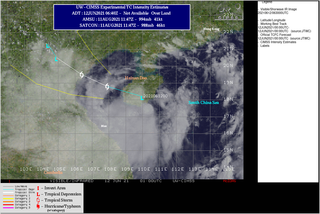 TD 05W. ANIMATED MULTISPECTRAL SATELLITE IMAGERY  SHOWS THE RAGGED AND PARTLY EXPOSED LOWEL CIRCULATION TRACKED  ACROSS SOUTHERN HAINAN ISLAND WITH THE ASSOCIATED DISORGANIZED CONVECTION  SHEARED WESTWARD AND SOUTHWESTWARD. IF NECESSARY CLICK ON THE IMAGERY TO ANIMATE IT. TD 05W. ANIMATED MULTISPECTRAL SATELLITE IMAGERY  SHOWS THE RAGGED AND PARTLY EXPOSED LOWEL CIRCULATION TRACKED  ACROSS SOUTHERN HAINAN ISLAND WITH THE ASSOCIATED DISORGANIZED CONVECTION  SHEARED WESTWARD AND SOUTHWESTWARD. IF NECESSARY CLICK ON THE IMAGERY TO ANIMATE IT.