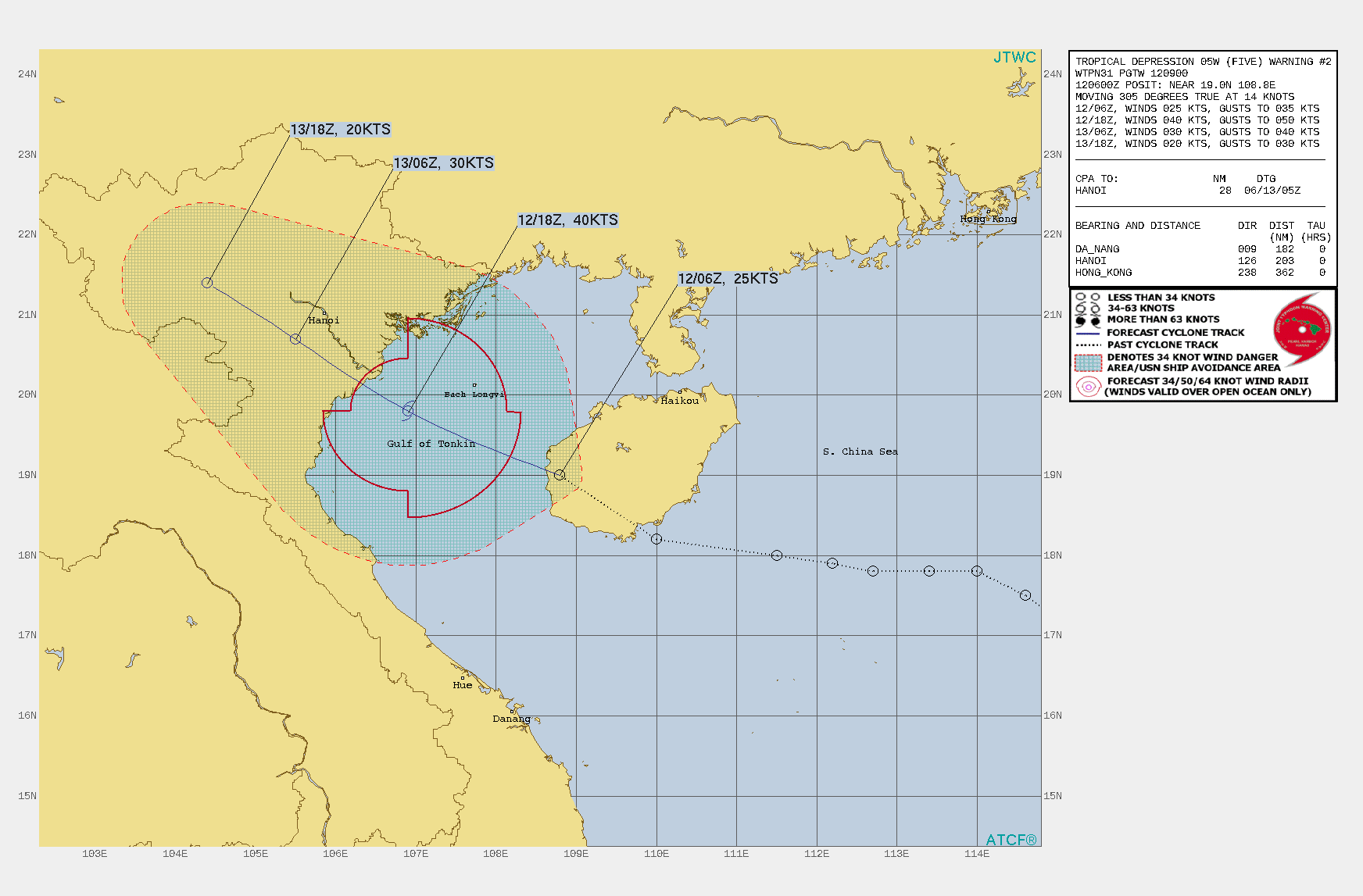TD 05W. WARNING 2 ISSUED AT 12/09UTC.THE INITIAL POSITION IS PLACED WITH FAIR CONFIDENCE BASED ON THE LOW LEVEL CIRCULATION FEATURE IN THE MULTISPECTRAL SAT IMAGERY ANIMATION THAT  COINCIDED WITH A WEAK CIRCULATION FEATURE IN A RADAR LOOP FROM CMA. THE  INITIAL INTENSITY OF 25KNOTS IS EXTRAPOLATED FROM NEARBY OBSERVATIONS  INCLUDING A SHIP REPORT (23KNOTS/999MB) 140KM TO THE NORTHWEST AND  CONSISTENT WITH THE CONVECTIVE SIGNATURE. THE SYSTEM IS IN A MARGINAL  ENVIRONMENT WITH GOOD WESTWARD AND EQUATORWARD OUTFLOW OFFSET BY MODERATE  (15-20KTS) VERTICAL WIND SHEAR (VWS). THE SYSTEM IS TRACKING ALONG THE  SOUTHWESTERN PERIPHERY OF THE SUBTROPICAL RIDGE (STR) TO THE EAST- NORTHEAST.TD 05W WILL CONTINUE ON ITS CURRENT TRACK UNDER THE SUBTROPICAL RIGDE, CROSS THE  GULF OF TONKIN, MAKE LANDFALL OVER NORTHERN VIETNAM AROUND 18H, THEN  TRACK INLAND. THE ROBUST OUTFLOW AND THE WARM SEA SURFACE TEMPS IN THE GULF WILL OFFSET  THE VWS AND FUEL INTENSIFICATION TO A PEAK OF 45KNOTS BY 12H. AFTERWARD,  LAND INTERACTION WITH THE RUGGED TERRAIN WILL RESULT IN A RAPID DECAY  LEADING TO DISSIPATION BY 36H AFTER IT PASSES JUST SOUTH OF HANOI. TD 05W. WARNING 2 ISSUED AT 12/09UTC.THE INITIAL POSITION IS PLACED WITH FAIR CONFIDENCE BASED ON THE LOW LEVEL CIRCULATION FEATURE IN THE MULTISPECTRAL SAT IMAGERY ANIMATION THAT  COINCIDED WITH A WEAK CIRCULATION FEATURE IN A RADAR LOOP FROM CMA. THE  INITIAL INTENSITY OF 25KNOTS IS EXTRAPOLATED FROM NEARBY OBSERVATIONS  INCLUDING A SHIP REPORT (23KNOTS/999MB) 140KM TO THE NORTHWEST AND  CONSISTENT WITH THE CONVECTIVE SIGNATURE. THE SYSTEM IS IN A MARGINAL  ENVIRONMENT WITH GOOD WESTWARD AND EQUATORWARD OUTFLOW OFFSET BY MODERATE  (15-20KTS) VERTICAL WIND SHEAR (VWS). THE SYSTEM IS TRACKING ALONG THE  SOUTHWESTERN PERIPHERY OF THE SUBTROPICAL RIDGE (STR) TO THE EAST- NORTHEAST.TD 05W WILL CONTINUE ON ITS CURRENT TRACK UNDER THE SUBTROPICAL RIGDE, CROSS THE  GULF OF TONKIN, MAKE LANDFALL OVER NORTHERN VIETNAM AROUND 18H, THEN  TRACK INLAND. THE ROBUST OUTFLOW AND THE WARM SEA SURFACE TEMPS IN THE GULF WILL OFFSET  THE VWS AND FUEL INTENSIFICATION TO A PEAK OF 45KNOTS BY 12H. AFTERWARD,  LAND INTERACTION WITH THE RUGGED TERRAIN WILL RESULT IN A RAPID DECAY  LEADING TO DISSIPATION BY 36H AFTER IT PASSES JUST SOUTH OF HANOI.