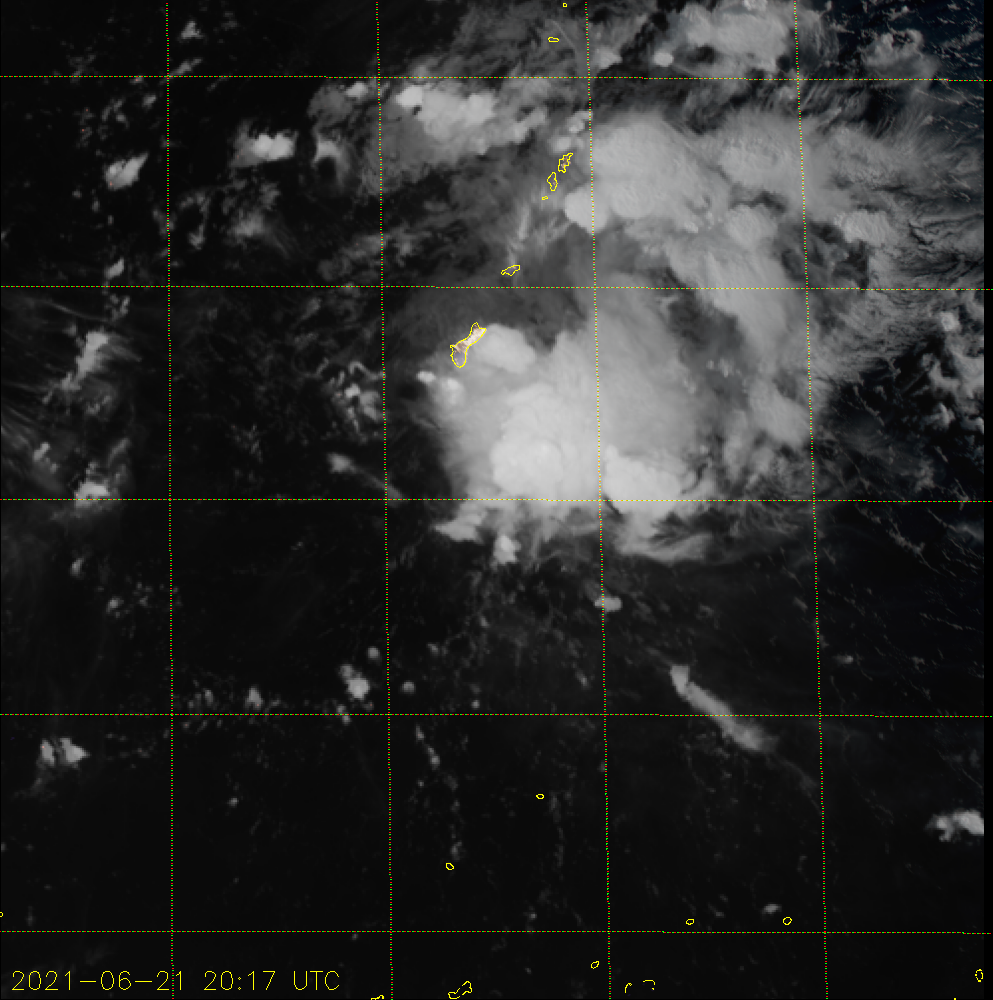 21/2017UTC.ANIMATED ENHANCED INFRARED (EIR) SATELLITE IMAGERY AND DOPPLER RADAR IMAGERY FROM GUAM DEPICT A SHEARED CYCLONE, WITH A COMPACT LOW-LEVEL CENTER (LLC) LOCATED NEAR THE SOUTHWESTERN EDGE OF A MASS OF RAGGED CONVECTION. A TUTT CELL TO THE WEST CAN BE SEEN PUSHING CIRRUS FRAGMENTS TOWARD THE LLC FROM THE SOUTHWEST, DENOTING MODERATE SOUTHWESTERLY SHEAR. DRY MID-LEVEL AIR ASSOCIATED WITH THE TUTT CELL IS CURRENTLY PREVENTING UPSHEAR PROPAGATION OF CONVECTION, EVIDENCED BY THE IMMEDIATE EVAPORATION OF NASCENT THUNDERSTORMS IN THE WESTERN SEMICIRCLE DURING THE PAST 6 HOURS.