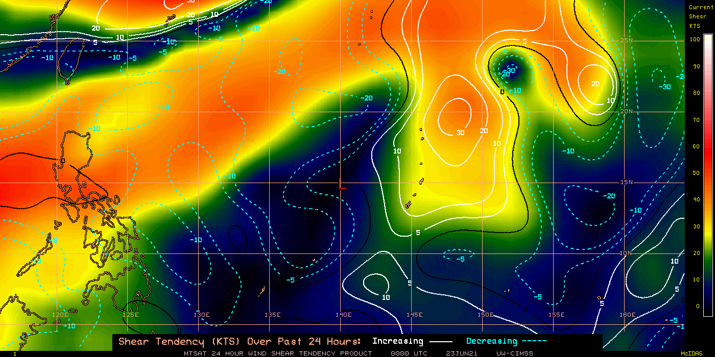 23/00UTC.24H SHEAR TENDENCY.UW-CIMSS Experimental Vertical Shear and TC Intensity Trend Estimates: CIMSS Vertical Shear Magnitude : 1.0 m/s (1.9 kts)Direction : 343.8deg Outlook for TC Intensification Based on Current Env. Shear Values and MPI Differential: VERY FAVOURABLE OVER 24H.