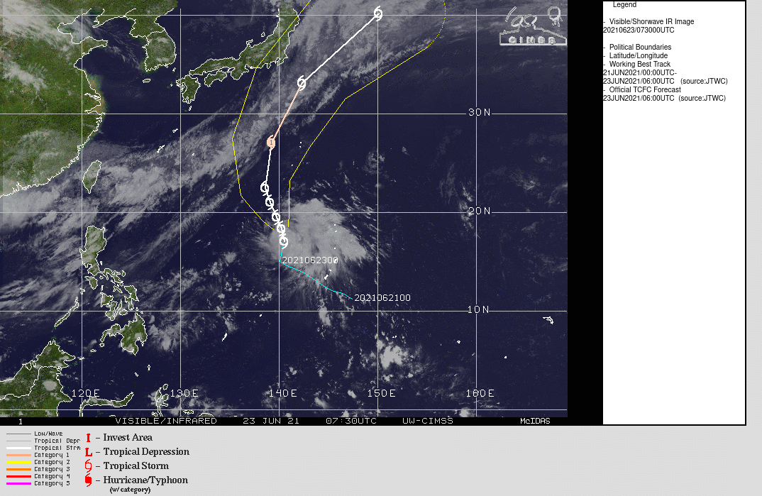 WARNING 10 ISSUED AT 23/09UTC.FORECAST DISCUSSION: TS 06W WILL TRACK MORE NORTH-NORTHWESTWARD AS  IT GETS STEERED AT A HIGHER LAYER ALONG THE WESTERN PERIPHERY OF THE  SUBTROPICAL RIDGE(STR), THEN AFTER 48H, MORE NORTHWARD AS IT CRESTS THE STR AXIS.  AFTER 72H, THE CYCLONE WILL ACCELERATE NORTH-NORTHEASTWARD ON THE  POLEWARD SIDE OF THE STR AXIS. THE MARGINALLY FAVORABLE ENVIRONMENT,  WILL FUEL A GRADUAL INTENSIFICATION TO A PEAK OF 65KNOTS/US CATEGORY 1 BY 72H AS POLEWARD OUTFLOW INCREASES DUE TO THE INITIAL  EXPOSURE TO THE PREVAILING WESTERLIES. AFTERWARD,  INCREASING VERTICAL WID SHEAR AND  COOLING SSTS WILL SLOWLY ERODE THE CYCLONE.CONCURRENTLY BY 96H, IT  WILL BEGIN EXTRA-TROPICAL TRANSITION (ETT) AS IT ENTERS THE COLD  BAROCLINIC ZONE AND MERGES WITH THE BAIYU FRONTAL BOUNDARY SOUTHEAST  OF JAPAN. BY 120H, TS CHAMPI WILL COMPLETE ETT AND EMBED INTO THE  GRADIENT FLOW AS A STRONG GALE-FORCE COLD CORE LOW WITH AN EXPANDING  WIND FIELD. WARNING 10 ISSUED AT 23/09UTC.FORECAST DISCUSSION: TS 06W WILL TRACK MORE NORTH-NORTHWESTWARD AS  IT GETS STEERED AT A HIGHER LAYER ALONG THE WESTERN PERIPHERY OF THE  SUBTROPICAL RIDGE(STR), THEN AFTER 48H, MORE NORTHWARD AS IT CRESTS THE STR AXIS.  AFTER 72H, THE CYCLONE WILL ACCELERATE NORTH-NORTHEASTWARD ON THE  POLEWARD SIDE OF THE STR AXIS. THE MARGINALLY FAVORABLE ENVIRONMENT,  WILL FUEL A GRADUAL INTENSIFICATION TO A PEAK OF 65KNOTS/US CATEGORY 1 BY 72H AS POLEWARD OUTFLOW INCREASES DUE TO THE INITIAL  EXPOSURE TO THE PREVAILING WESTERLIES. AFTERWARD,  INCREASING VERTICAL WID SHEAR AND  COOLING SSTS WILL SLOWLY ERODE THE CYCLONE.CONCURRENTLY BY 96H, IT  WILL BEGIN EXTRA-TROPICAL TRANSITION (ETT) AS IT ENTERS THE COLD  BAROCLINIC ZONE AND MERGES WITH THE BAIYU FRONTAL BOUNDARY SOUTHEAST  OF JAPAN. BY 120H, TS CHAMPI WILL COMPLETE ETT AND EMBED INTO THE  GRADIENT FLOW AS A STRONG GALE-FORCE COLD CORE LOW WITH AN EXPANDING  WIND FIELD.