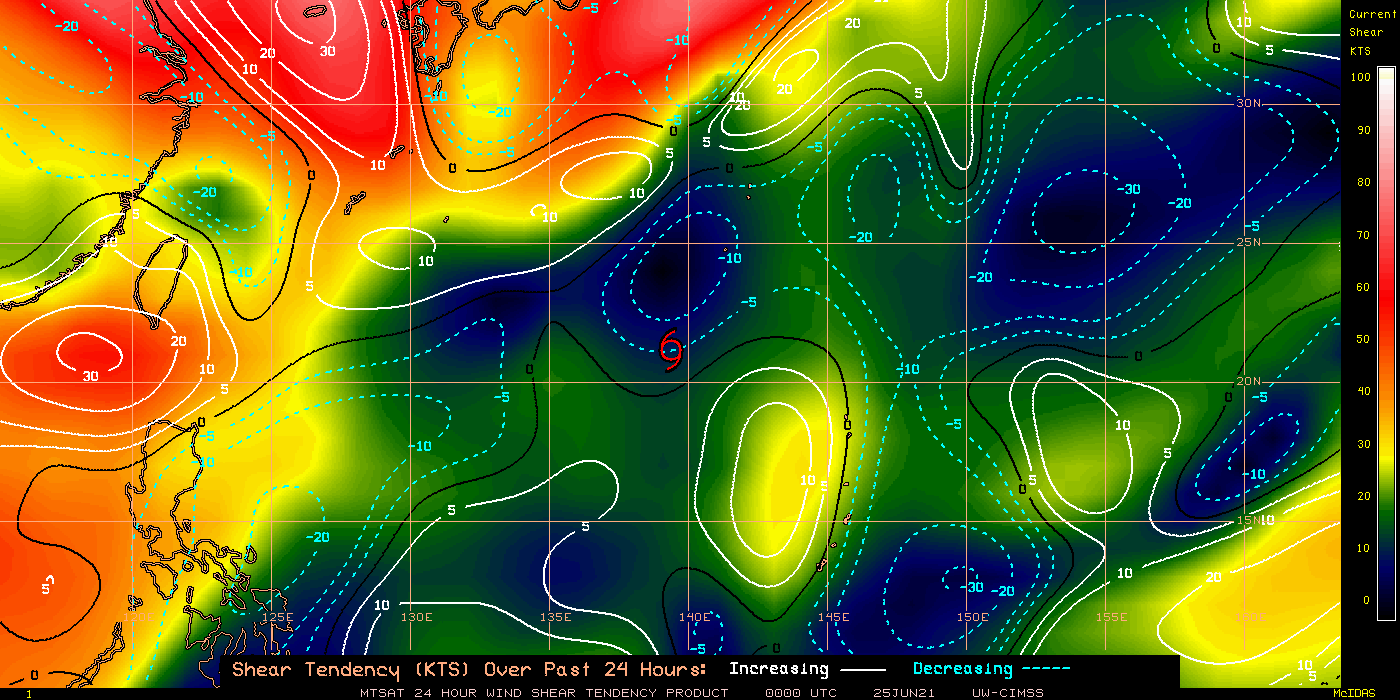 25/00UTC.24H SHEAR TENDENCY.UW-CIMSS Experimental Vertical Shear and TC Intensity Trend Estimates: CIMSS Vertical Shear Magnitude : 6.0 m/s (11.6 kts)Direction : 39.2deg Outlook for TC Intensification Based on Current Env. Shear Values and MPI Differential: FAVOURABLE OVER 24H.