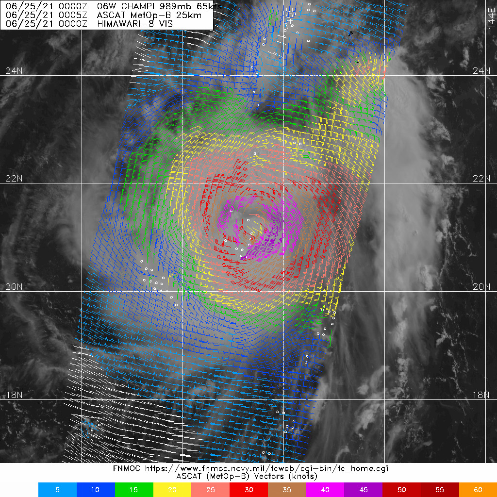 ASCAT IMAGE SHOWING A DEFINED BUT ASYMMETRIC CIRCULATION WITH 45-50 KT WINDS WRAPPING INTO THE CENTER.