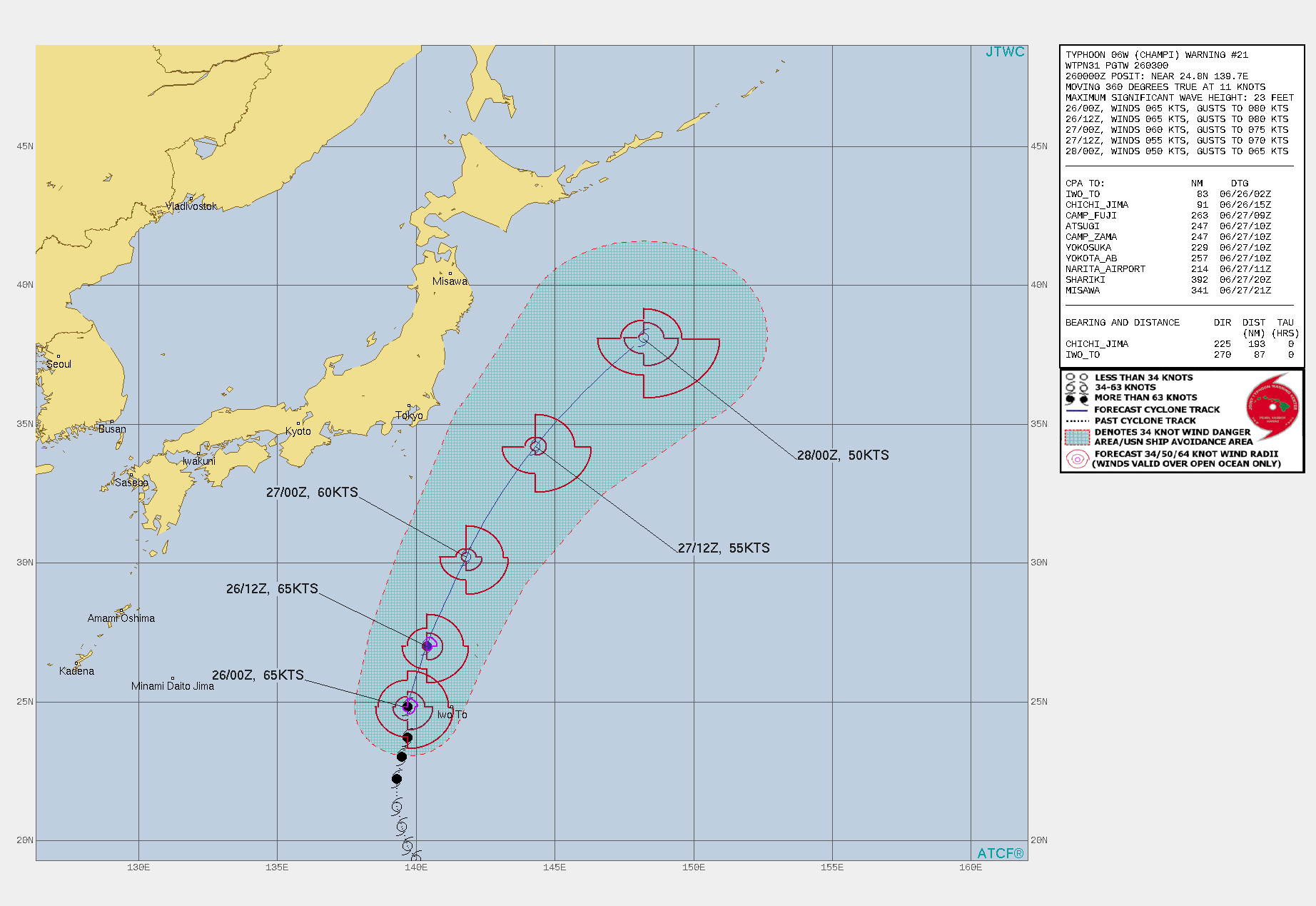 WARNING 21 ISSUED AT 26/03UTC. FORECAST DISCUSSION: TY 06W IS FORECAST TO TRACK NORTH-NORTHEASTWARD THROUGH 36H. IN THE NEAR TERM, THE MARGINALLY FAVORABLE ENVIRONMENT SHOULD ALLOW THE SYSTEM TO MAINTAIN CURRENT INTENSITY THROUGH 12H. AFTERWARDS, AS VERTICAL WIND SHEAR INCREASES AND SEA SURFACE TEMPERATURES BEGIN TO COOL, TY 06W SHOULD BEGIN TO EXPERIENCE A STEADY WEAKENING TREND. BY 36H, THE SYSTEM WILL BEGIN TO INTERACT WITH THE BAIU BOUNDARY AND START EXTRATROPICAL TRANSITION (ETT) AS IT ACCELERATES NORTHEASTWARD THROUGH 48H. ETT COMPLETION IS EXPECTED BY 48H AS THE SYSTEM BECOMES EMBEDDED WITHIN THE BAROCLINIC ZONE AND MOVES UNDER THE JET FLOW. WARNING 21 ISSUED AT 26/03UTC. FORECAST DISCUSSION: TY 06W IS FORECAST TO TRACK NORTH-NORTHEASTWARD THROUGH 36H. IN THE NEAR TERM, THE MARGINALLY FAVORABLE ENVIRONMENT SHOULD ALLOW THE SYSTEM TO MAINTAIN CURRENT INTENSITY THROUGH 12H. AFTERWARDS, AS VERTICAL WIND SHEAR INCREASES AND SEA SURFACE TEMPERATURES BEGIN TO COOL, TY 06W SHOULD BEGIN TO EXPERIENCE A STEADY WEAKENING TREND. BY 36H, THE SYSTEM WILL BEGIN TO INTERACT WITH THE BAIU BOUNDARY AND START EXTRATROPICAL TRANSITION (ETT) AS IT ACCELERATES NORTHEASTWARD THROUGH 48H. ETT COMPLETION IS EXPECTED BY 48H AS THE SYSTEM BECOMES EMBEDDED WITHIN THE BAROCLINIC ZONE AND MOVES UNDER THE JET FLOW.