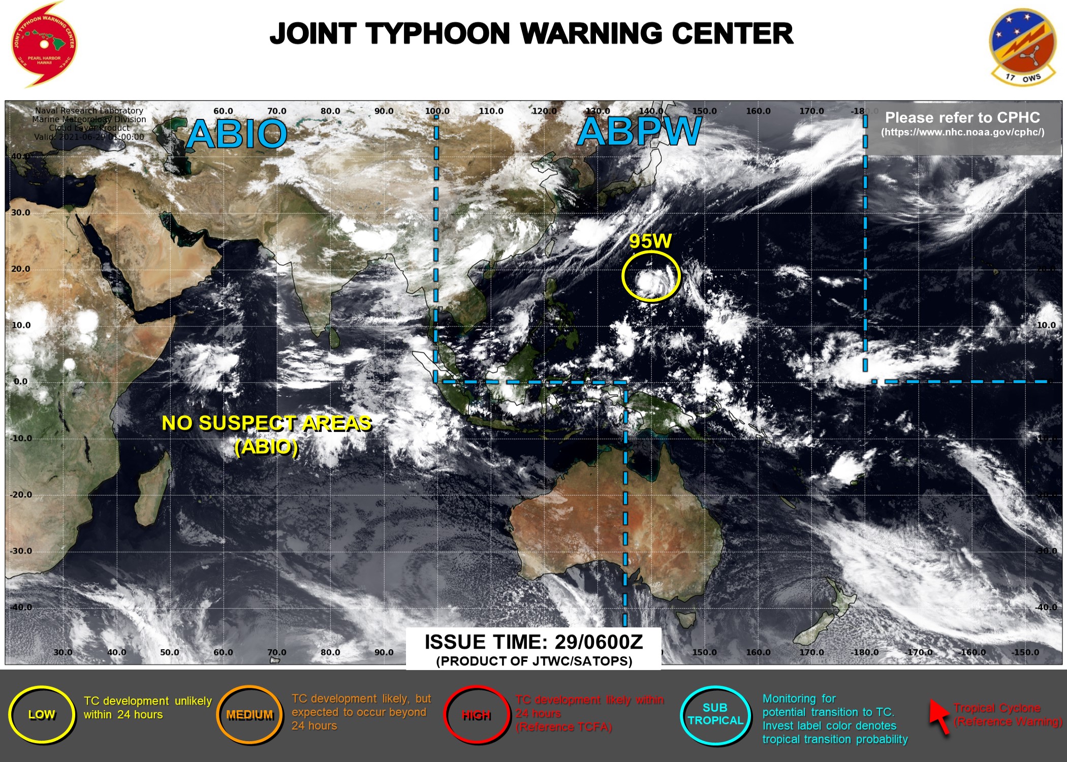 AN AREA OF CONVECTION (INVEST 95W) HAS PERSISTED NEAR  20.0N 140.9E, APPROXIMATELY 785 KM NORTH-NORTHWEST OF GUAM. ANIMATED  MULTISPECTRAL SATELLITE IMAGERY SHOWS AN AREA OF FLARING, DEEP  CONVECTION OBSCURING A WEAK LOW LEVEL CIRCULATION (LLC). A 290016Z  MHS 89GHZ MICROWAVE PASS DEPICTS A WEAK, DISORGANIZED LLC. A PARTIAL  282307Z ASCAT-A PASS SHOWS A SYMMETRIC LLC WITH AN AREA OF 10-15 KNOT  WINDS, WITH ISOLATED 20 KNOT WINDS LOCATED JUST EAST OF THE LLC.  INVEST 95W IS IN A MARGINAL ENVIRONMENT FOR DEVELOPMENT WITH LOW (10- 15 KTS) VERTICAL WIND SHEAR, AND WARM (29-30 CELSIUS) SEA SURFACE  TEMPERATURES, OFFSET BY WEAK EQUATORWARD OUTFLOW ALOFT AND DRY AIR  ENTRAINMENT FROM THE NORTH.THE POTENTIAL FOR THE DEVELOPMENT OF A SIGNIFICANT  TROPICAL CYCLONE WITHIN THE NEXT 24 HOURS IS LOW. AN AREA OF CONVECTION (INVEST 95W) HAS PERSISTED NEAR  20.0N 140.9E, APPROXIMATELY 785 KM NORTH-NORTHWEST OF GUAM. ANIMATED  MULTISPECTRAL SATELLITE IMAGERY SHOWS AN AREA OF FLARING, DEEP  CONVECTION OBSCURING A WEAK LOW LEVEL CIRCULATION (LLC). A 290016Z  MHS 89GHZ MICROWAVE PASS DEPICTS A WEAK, DISORGANIZED LLC. A PARTIAL  282307Z ASCAT-A PASS SHOWS A SYMMETRIC LLC WITH AN AREA OF 10-15 KNOT  WINDS, WITH ISOLATED 20 KNOT WINDS LOCATED JUST EAST OF THE LLC.  INVEST 95W IS IN A MARGINAL ENVIRONMENT FOR DEVELOPMENT WITH LOW (10- 15 KTS) VERTICAL WIND SHEAR, AND WARM (29-30 CELSIUS) SEA SURFACE  TEMPERATURES, OFFSET BY WEAK EQUATORWARD OUTFLOW ALOFT AND DRY AIR  ENTRAINMENT FROM THE NORTH.THE POTENTIAL FOR THE DEVELOPMENT OF A SIGNIFICANT  TROPICAL CYCLONE WITHIN THE NEXT 24 HOURS IS LOW.