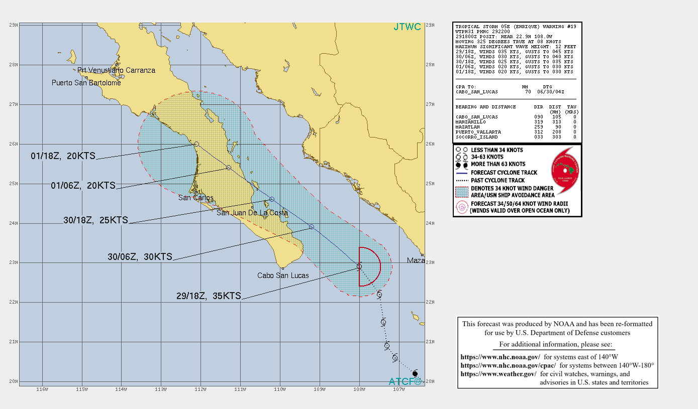 EASTERN NORTH PACIFIC. 05E(ENRIQUE). WARNING 19 ISSUED AT 29/22UTC. INTENSITY IS FORECAST TO FALL BELOW 35KNNOTS WITHIN 12HOURS. EASTERN NORTH PACIFIC. 05E(ENRIQUE). WARNING 19 ISSUED AT 29/22UTC. INTENSITY IS FORECAST TO FALL BELOW 35KNNOTS WITHIN 12HOURS.