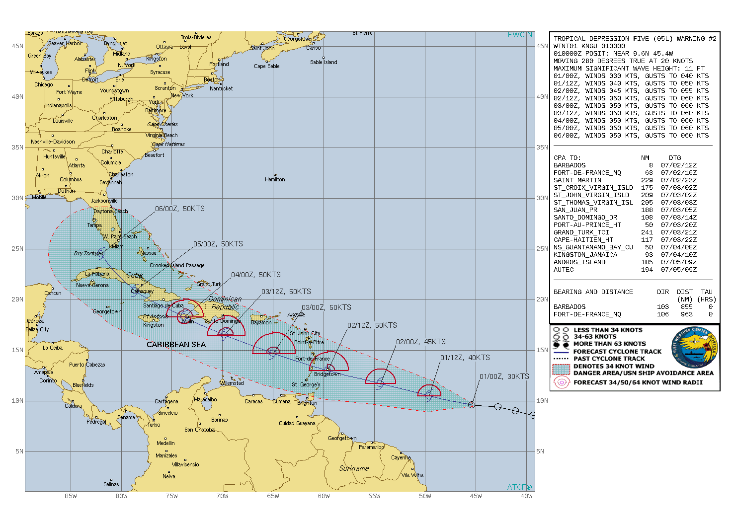 NORTH ATLANTIC. TD 05L(ESLA): WARNING 2 ISSUED AT 01/03UTC. FORECAST TO PEAK AT 50KNOTS BY 36HOURS TO THE EAST OF THE LESSER ANTILLES.