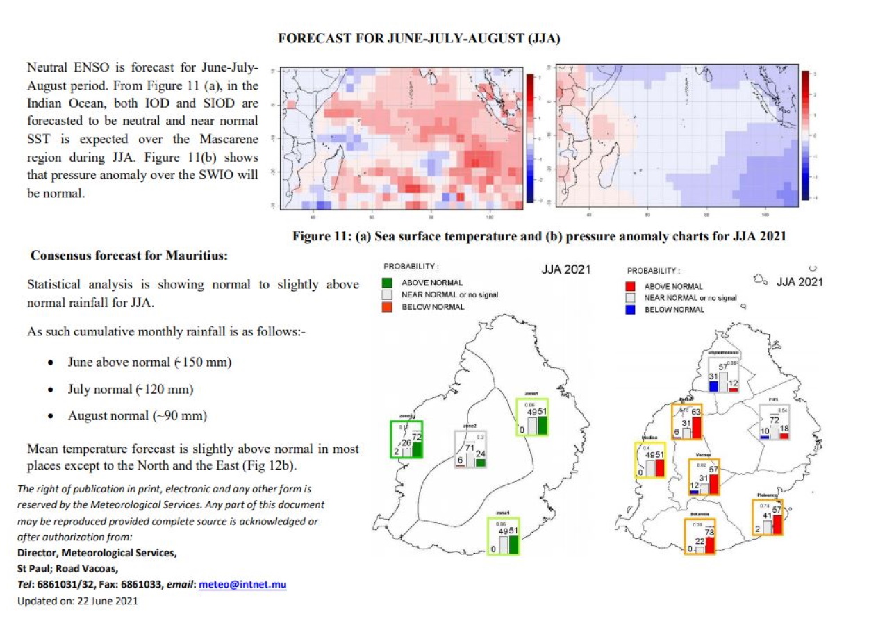 MAURICE. Les prévisions établies en Mai pour le trimestre suivant avançaient des quantités de pluies supérieures à la normale en Juin et proches de la normale en Juillet/Août. Les données de Juin confortent ces prévisions. MMS/Vacoas.